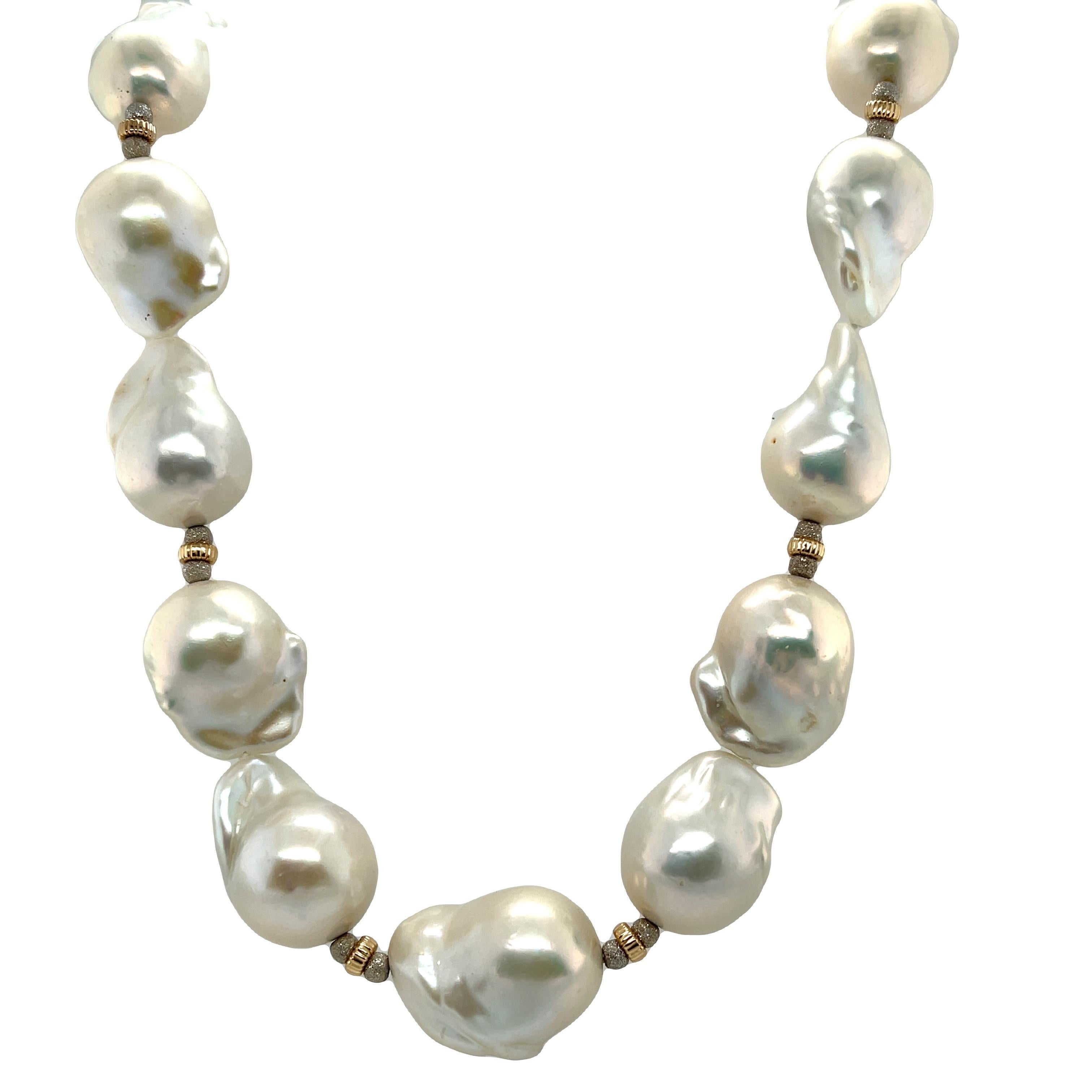 14.00 to 16.00mm White Baroque Freshwater Pearl and White Gold Necklace For Sale