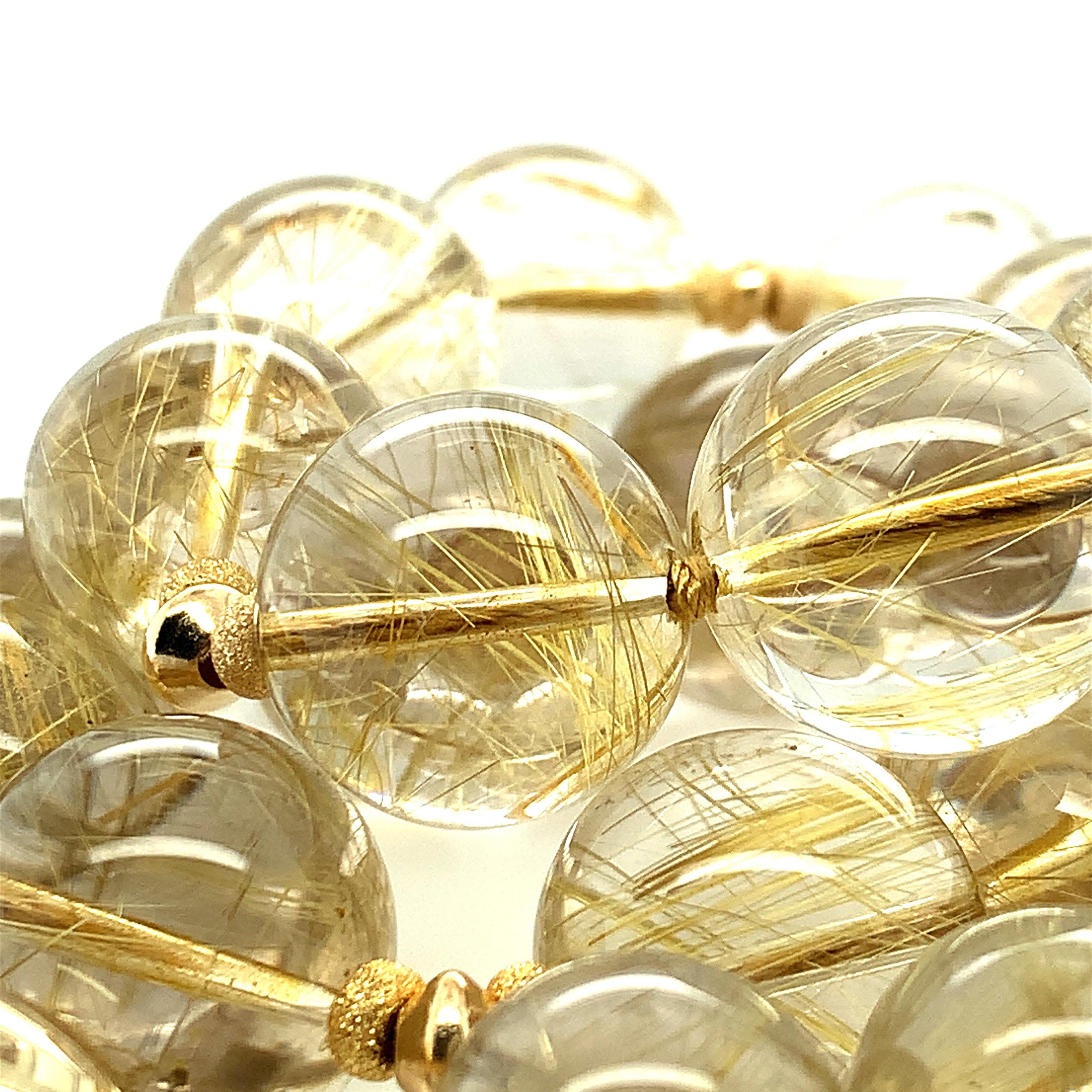 Round Rutilated Quartz and Yellow Gold Bead Strand In New Condition In Los Angeles, CA