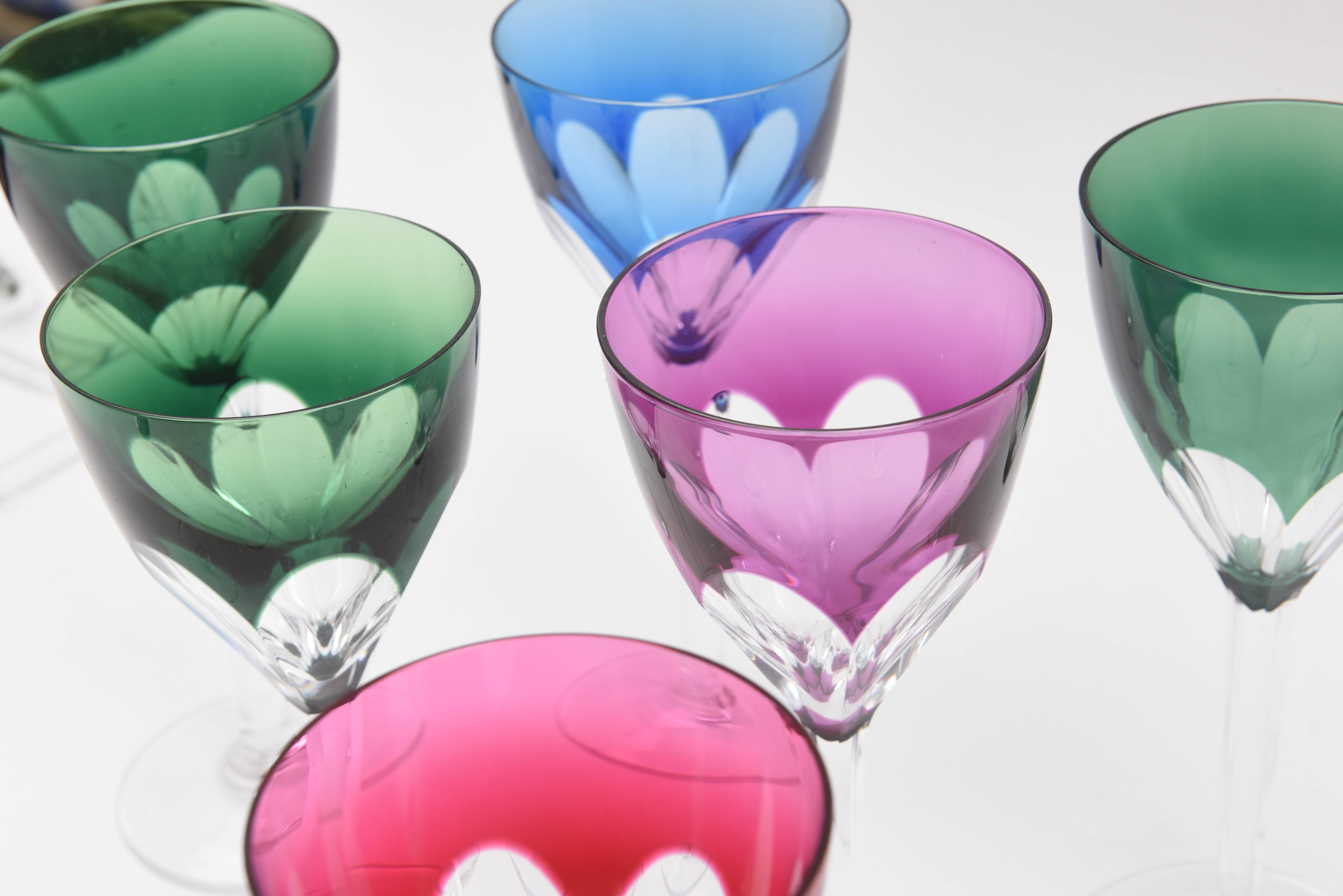 Hand-Crafted 14 Val Saint Lambert Jewel Tone Wine Glasses, Elegant