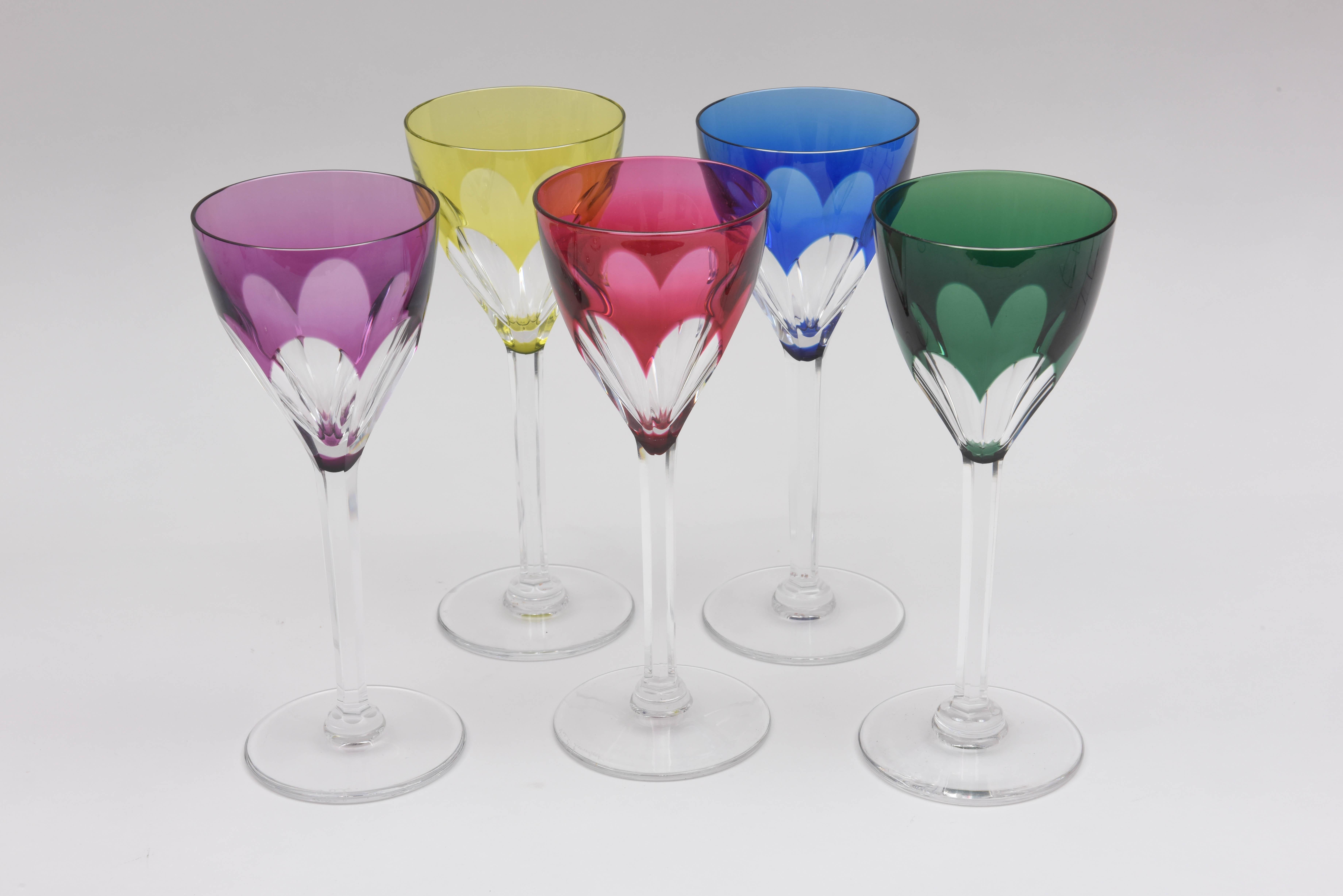 Late 20th Century 14 Val Saint Lambert Jewel Tone Wine Glasses, Elegant