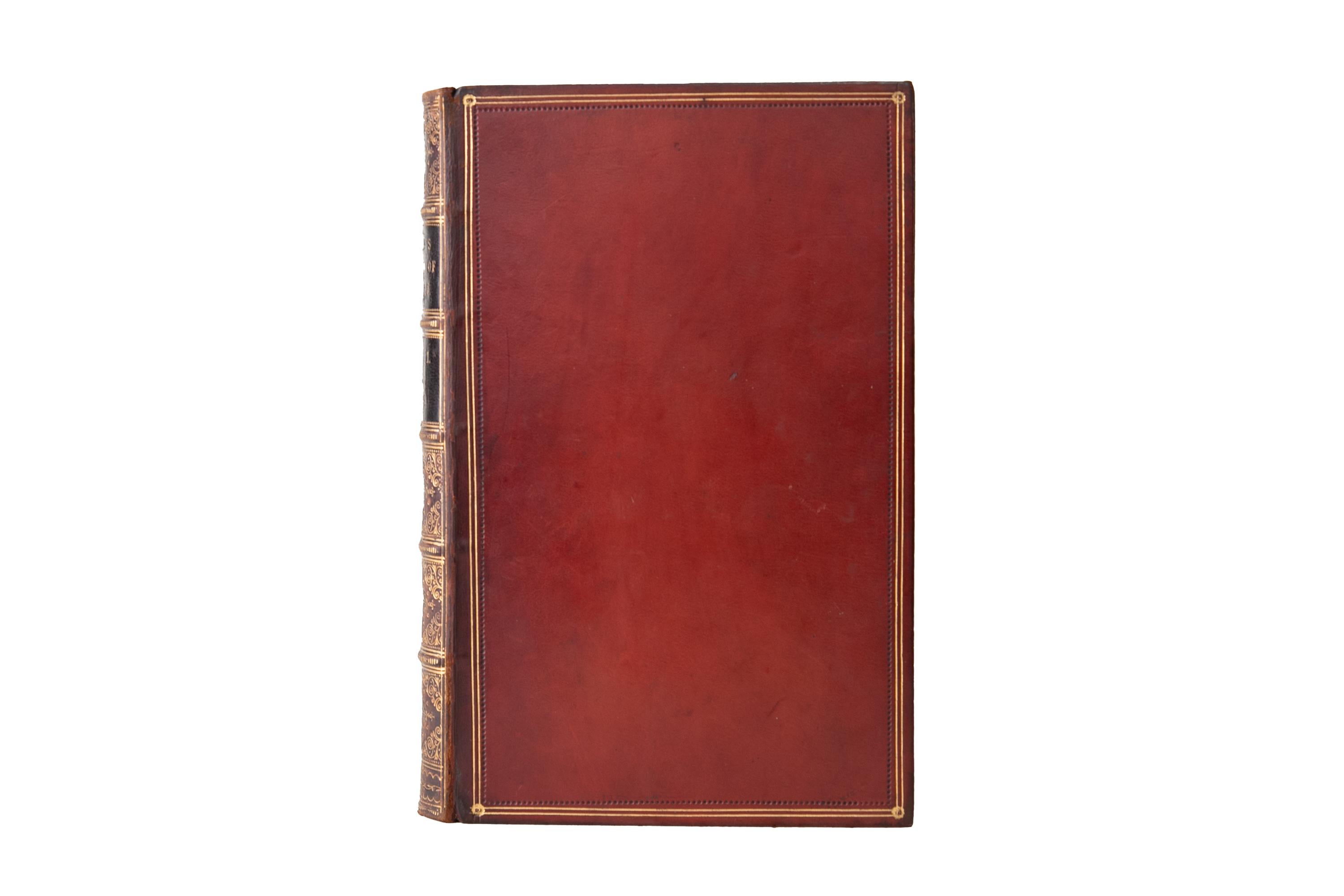 14 Volumes. Archibald Alison, History of Europe. Bound in full brown calf, covers and raised band spines gilt-tooled with black morocco labels. All edges marbled with marbled endpapers. Portraits. From the commencement of the French Revolution to