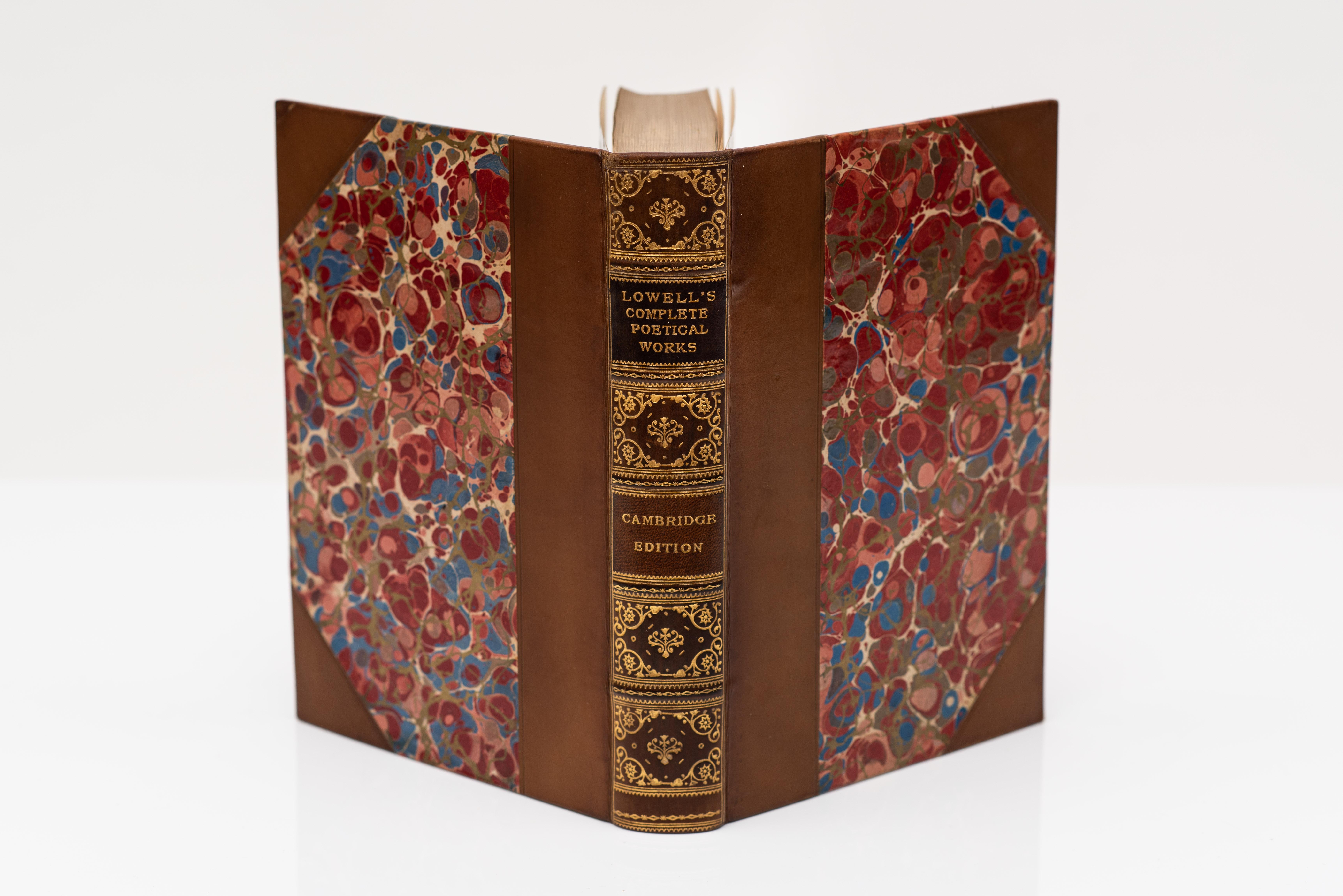 14 Volumes. Cambridge Edition of Poets. Edited by Horace E. Scudder. Bound in 3/4 brown calf with marbled boards. Top edges gilt. Marbled endpapers. Portrait frontispiece. Boston & New York: Houghton Mifflin, 1896.