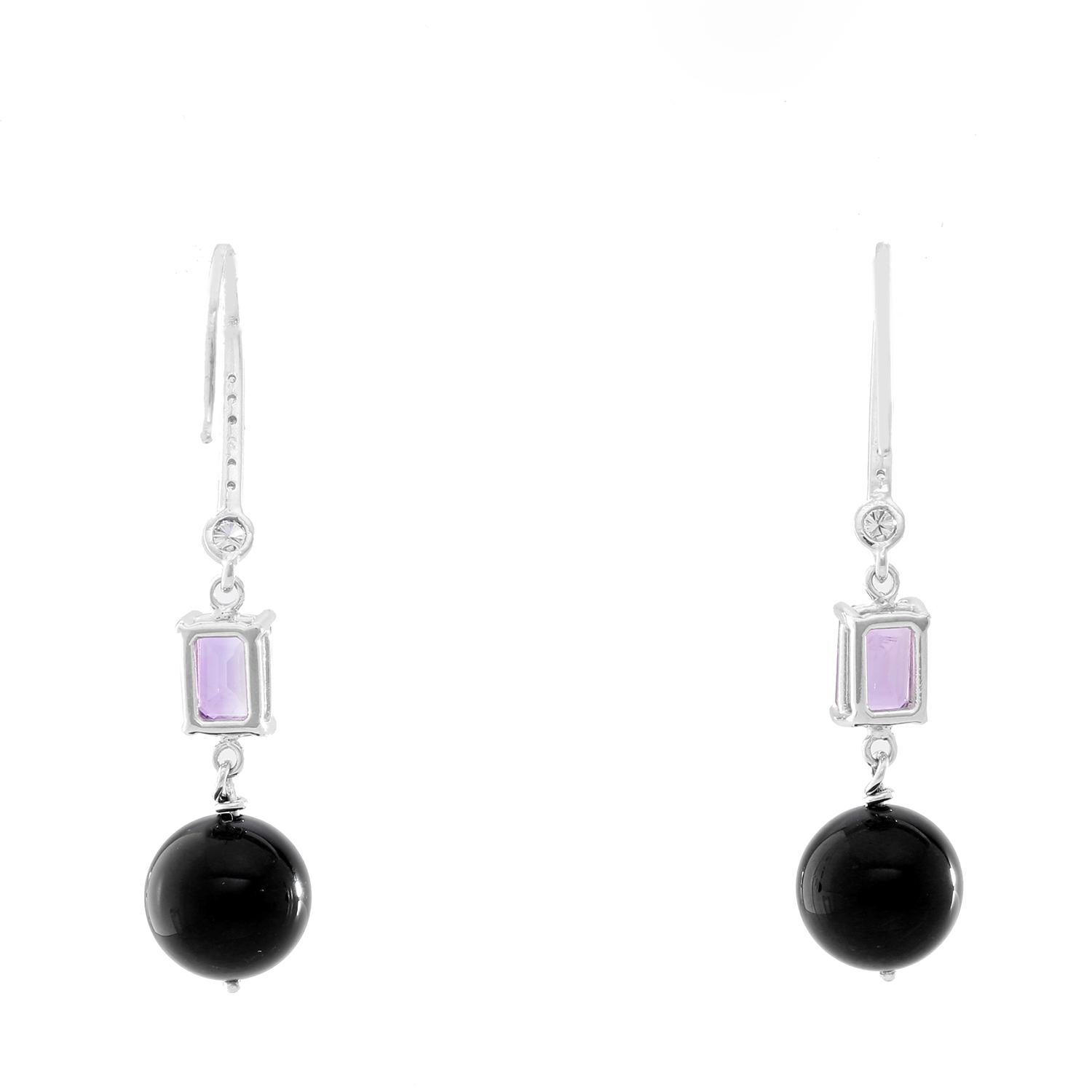 14 White Gold Amethyst and Black Gemstone Diamond Dangle Earrings In New Condition In Dallas, TX