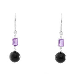 14 White Gold Amethyst and Black Gemstone Diamond Dangle Earrings