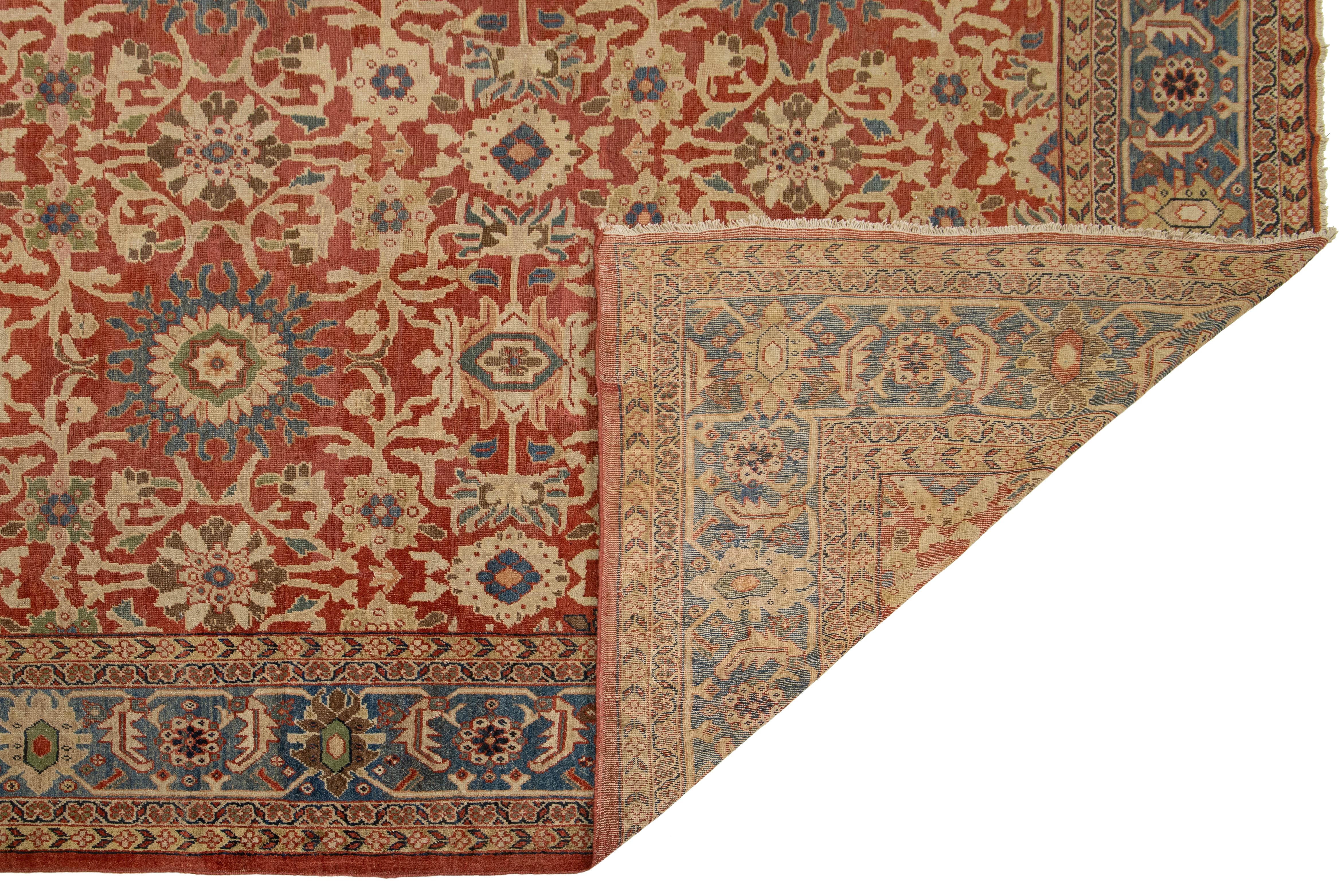 Annodato a mano 14 x 22 Antico tappeto persiano Sultanabad Rugs in lana rossa con un disegno a trifoglio in vendita