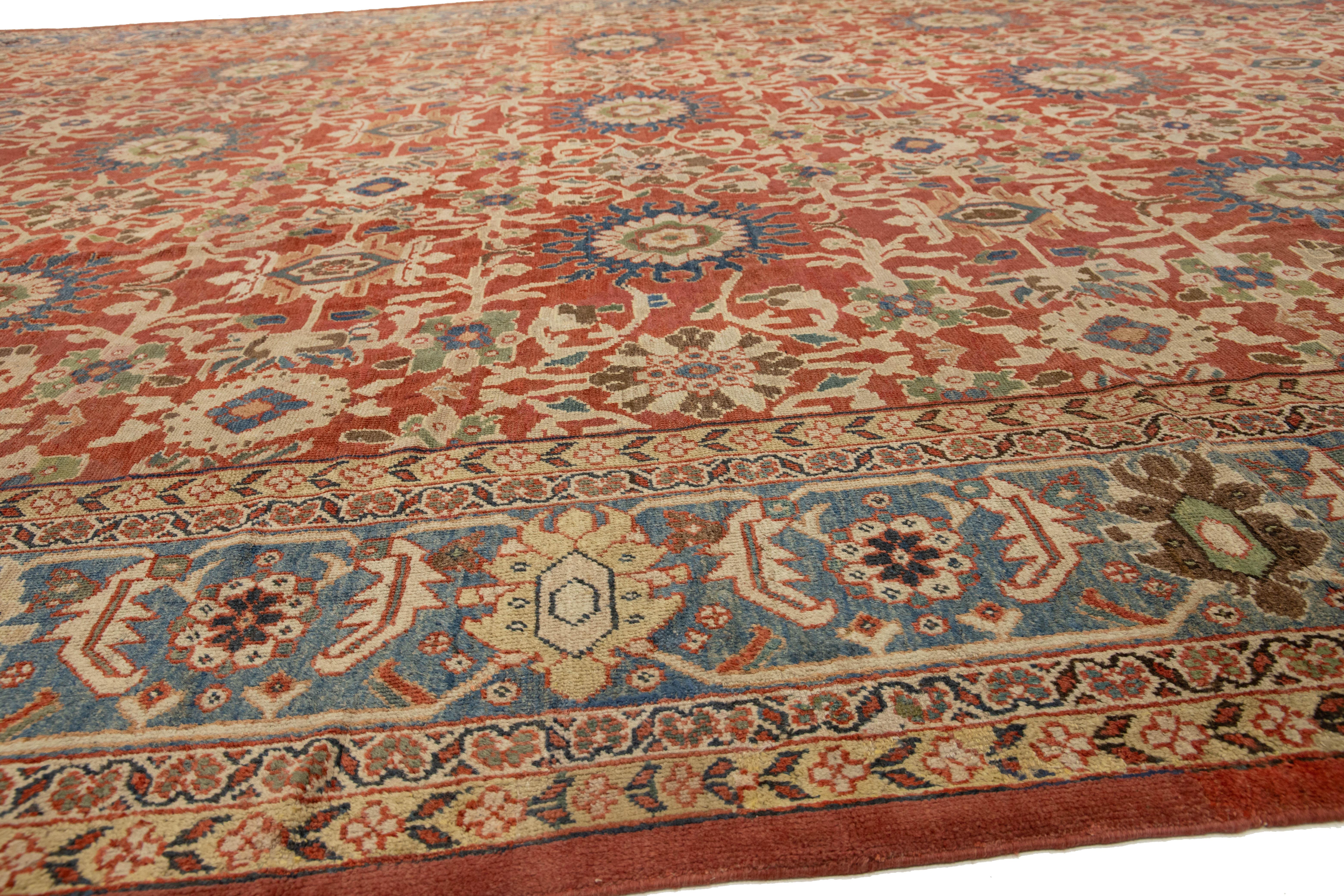 14 x 22 Antico tappeto persiano Sultanabad Rugs in lana rossa con un disegno a trifoglio In condizioni ottime in vendita a Norwalk, CT