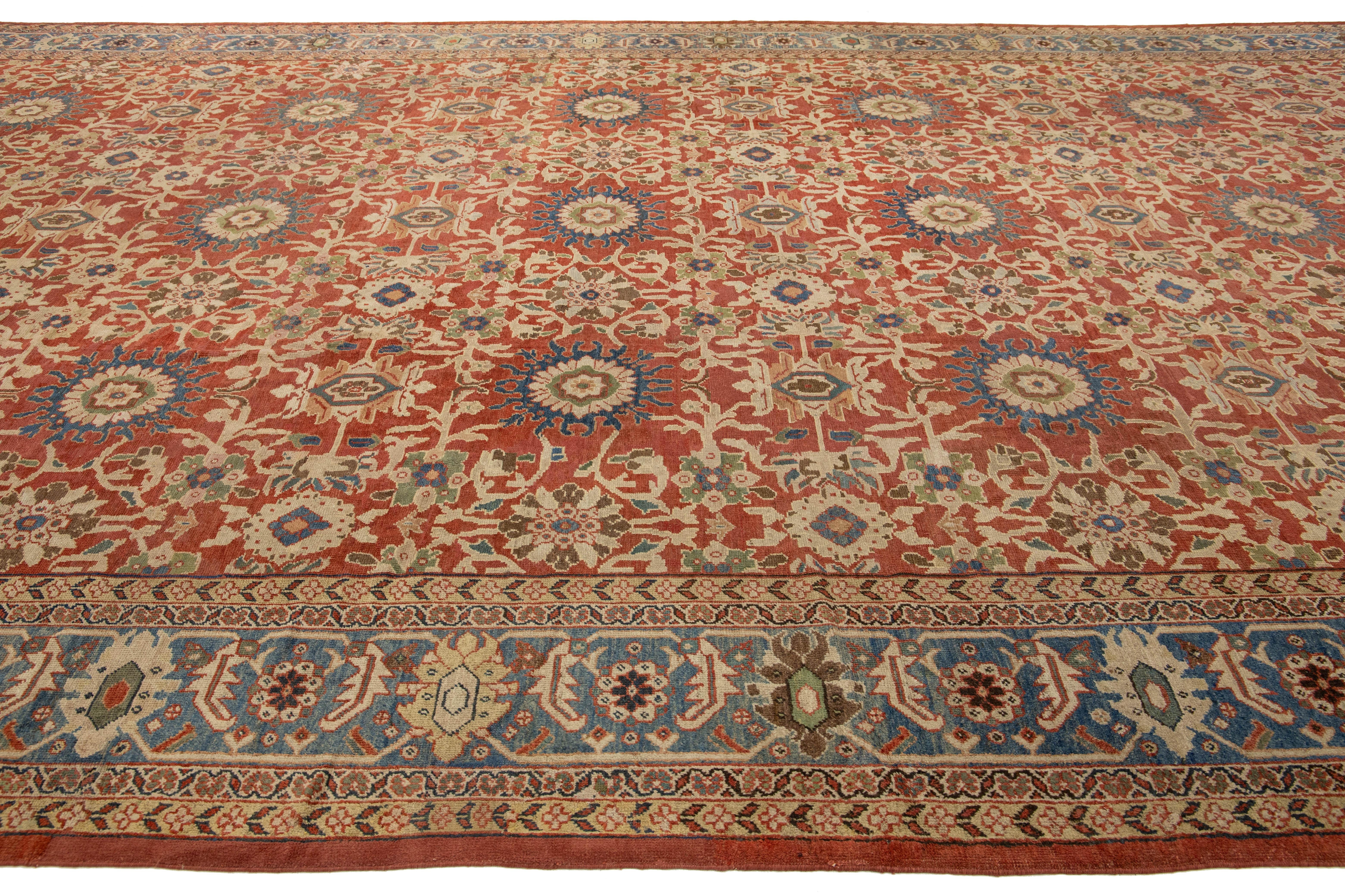 XIX secolo 14 x 22 Antico tappeto persiano Sultanabad Rugs in lana rossa con un disegno a trifoglio in vendita