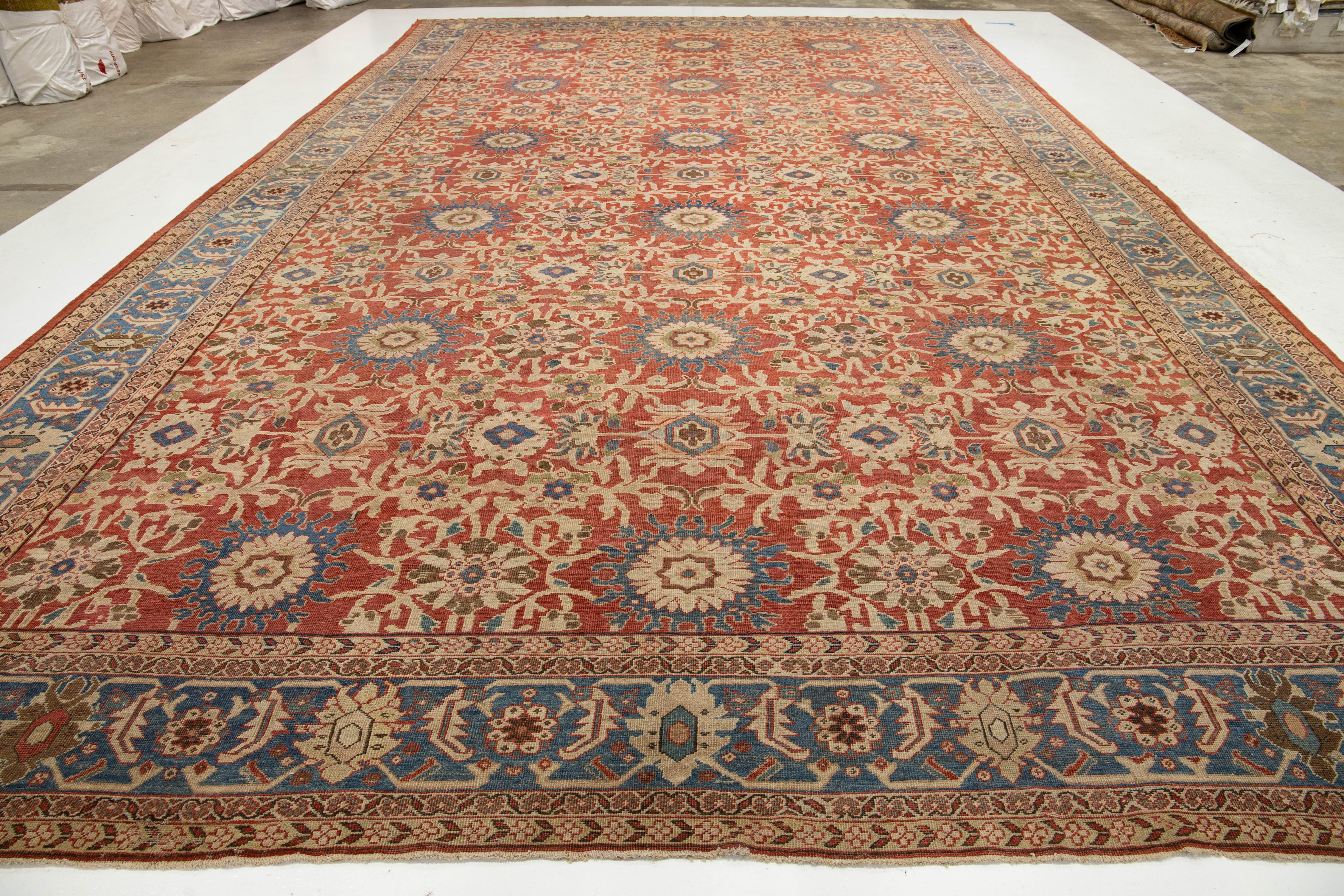 14 x 22 Antiker persischer Sultanabad-Teppich aus roter Wolle mit Allover-Design (19. Jahrhundert) im Angebot