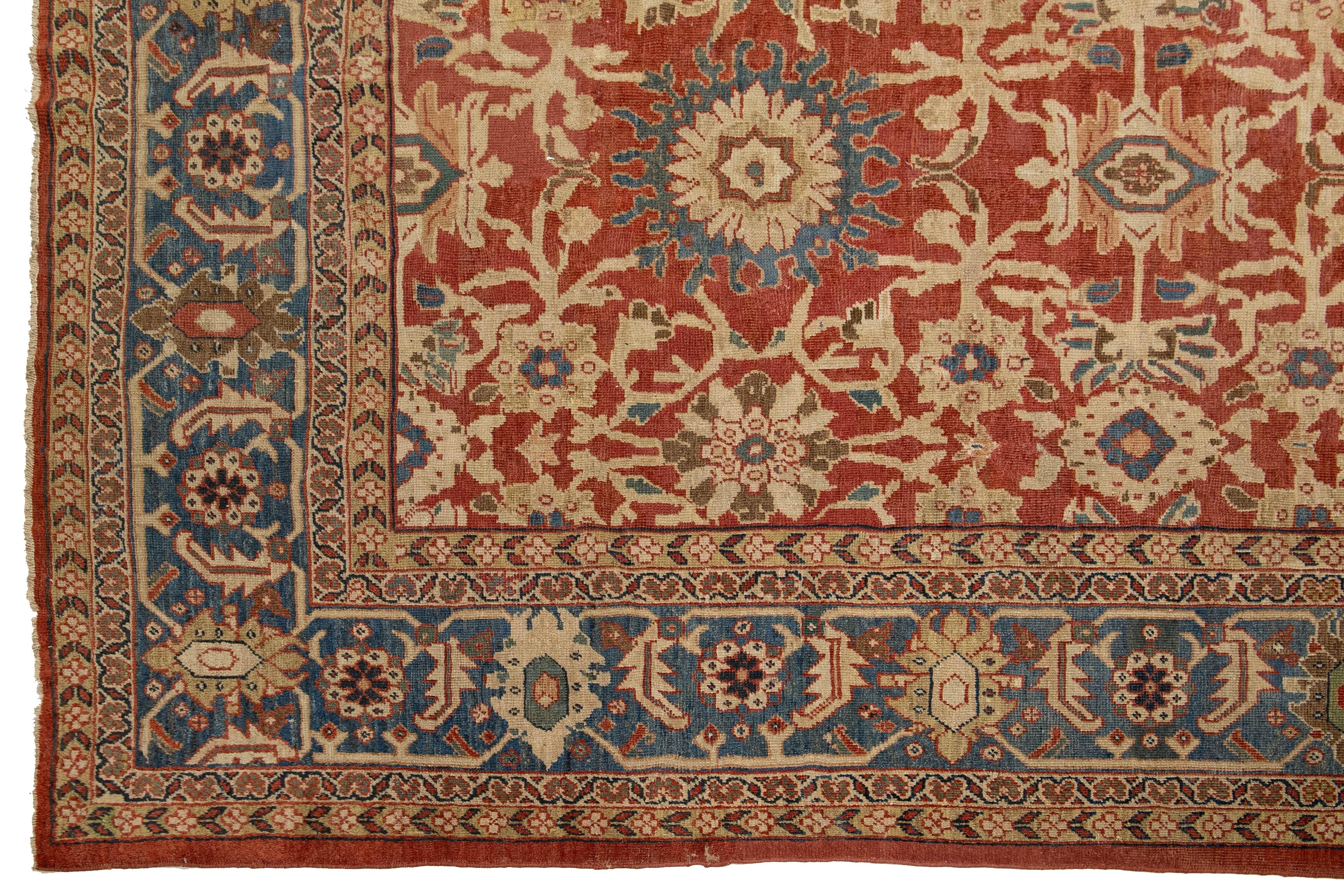 Lana 14 x 22 Antico tappeto persiano Sultanabad Rugs in lana rossa con un disegno a trifoglio in vendita