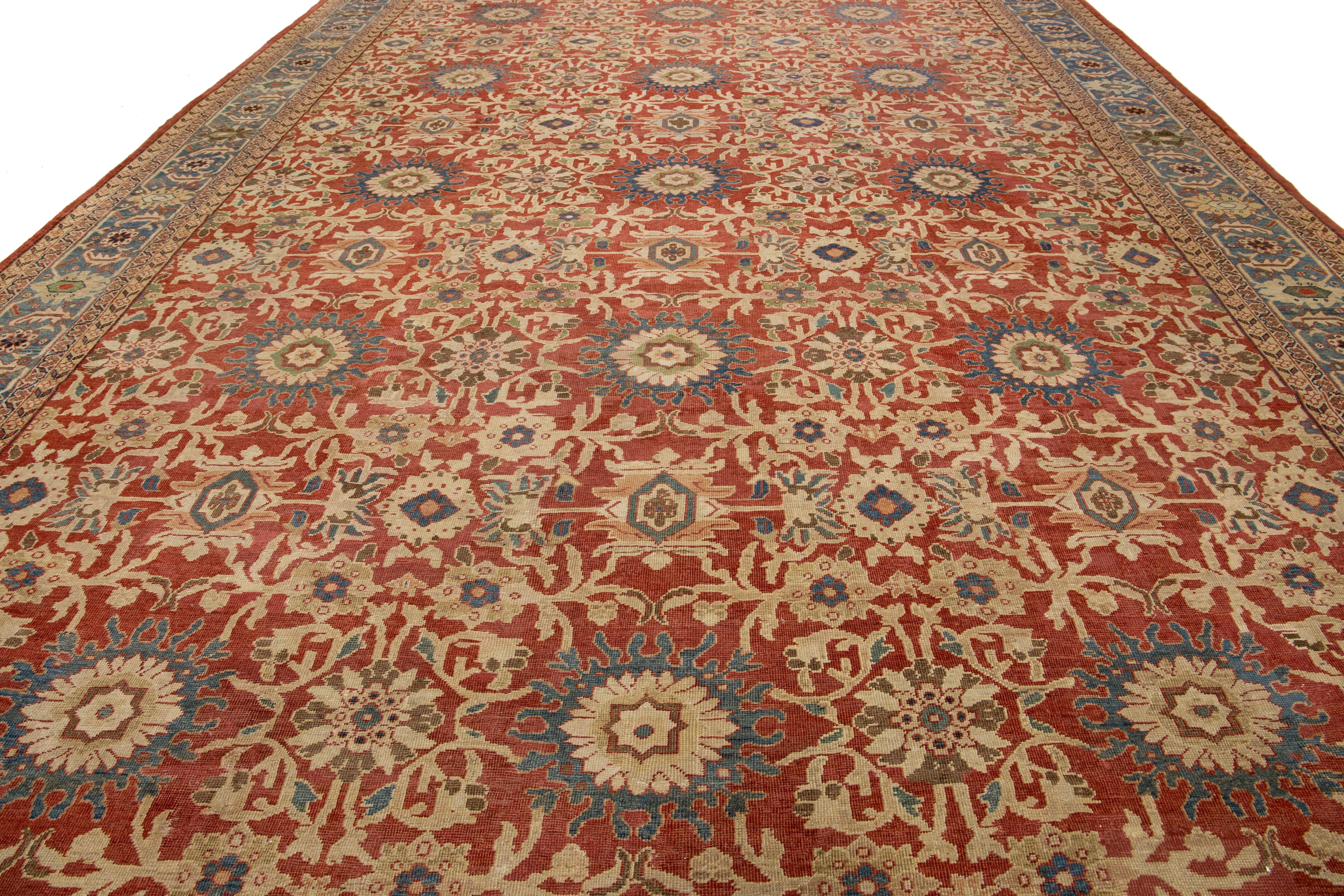 14 x 22 Antico tappeto persiano Sultanabad Rugs in lana rossa con un disegno a trifoglio in vendita 1