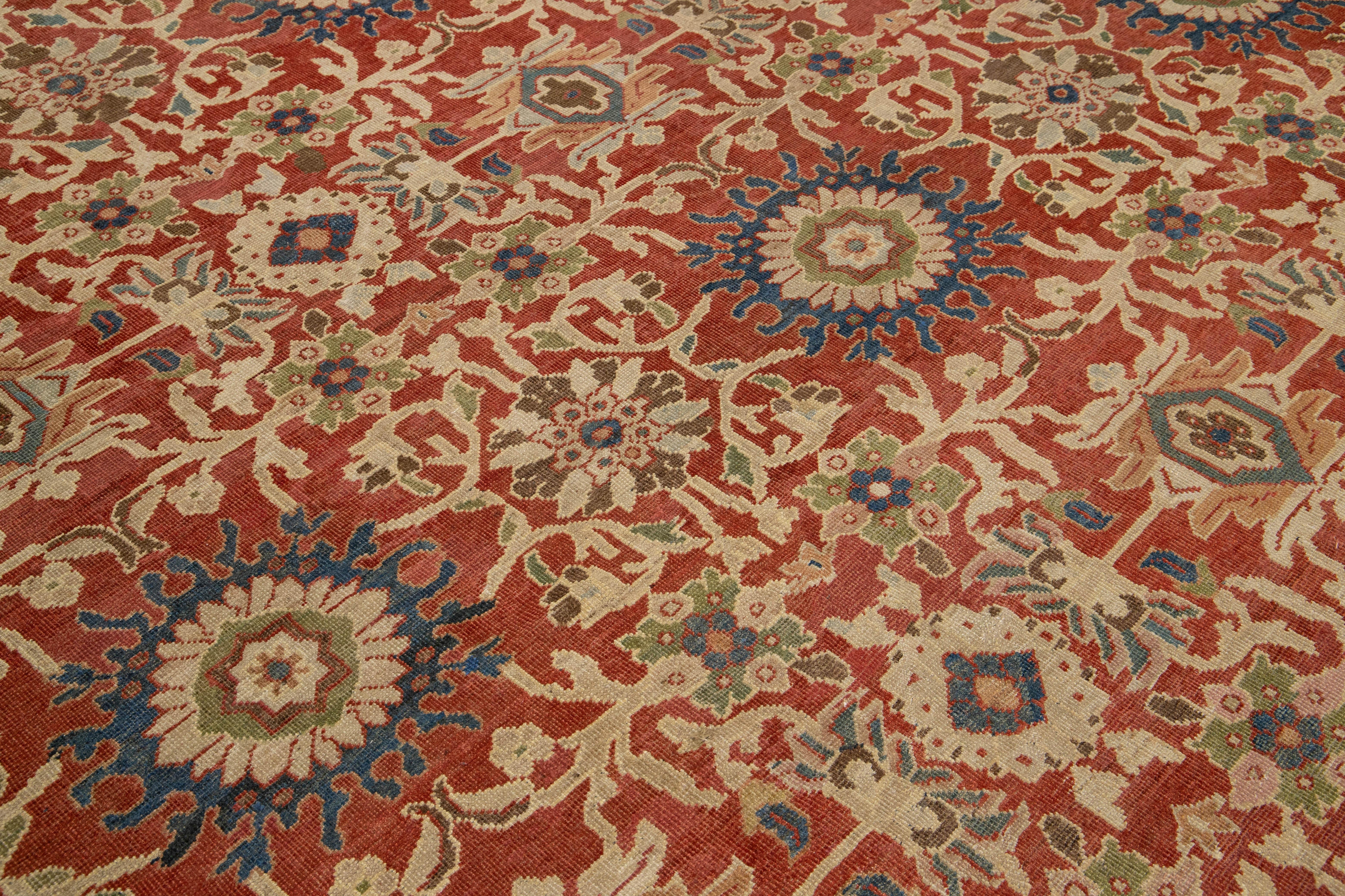 14 x 22 Antico tappeto persiano Sultanabad Rugs in lana rossa con un disegno a trifoglio in vendita 2