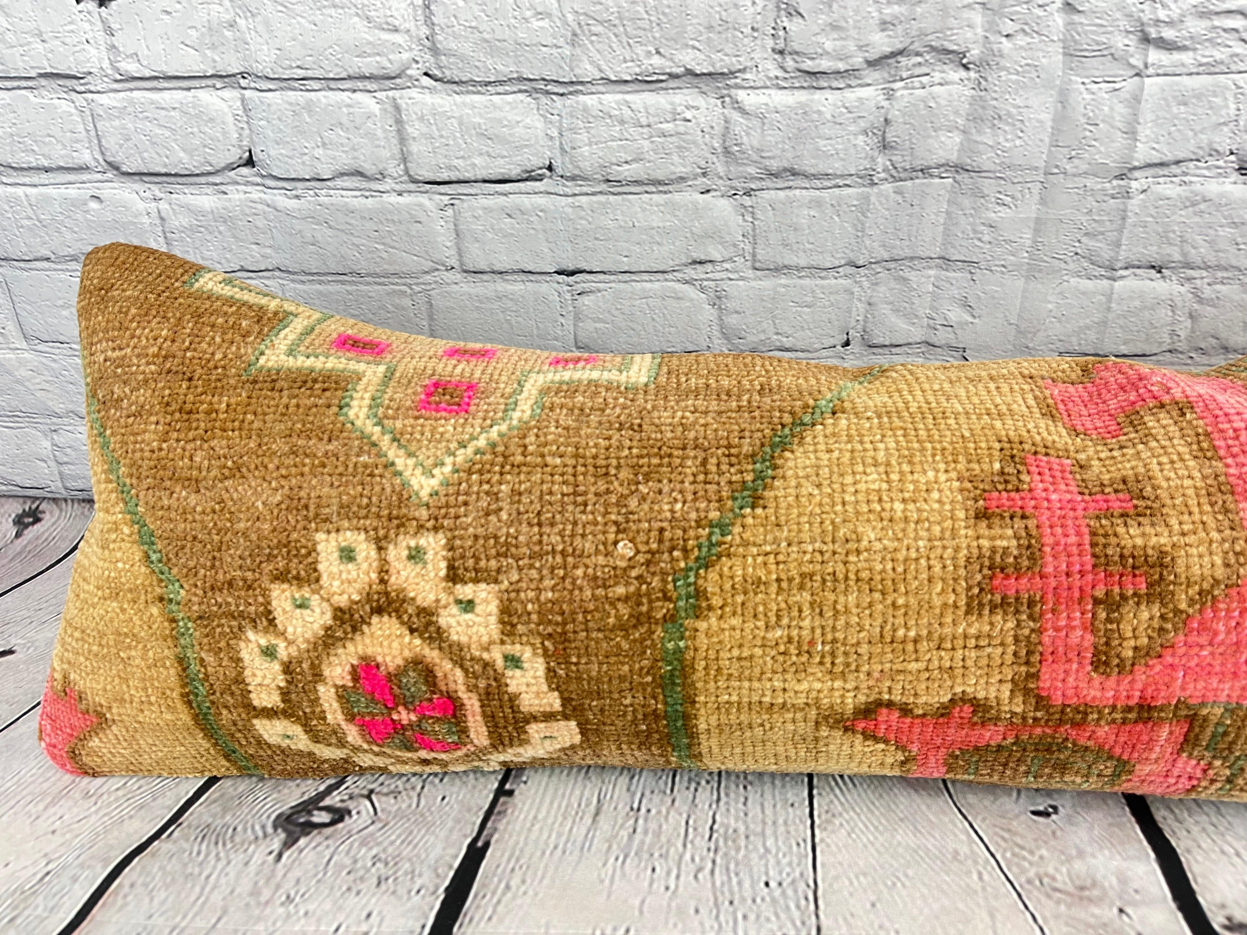 Hand-Knotted 14 x 35 Lumbar Rug Pillow Ottoman Serene Turkish Pillow Cushion Cover #7800 For Sale