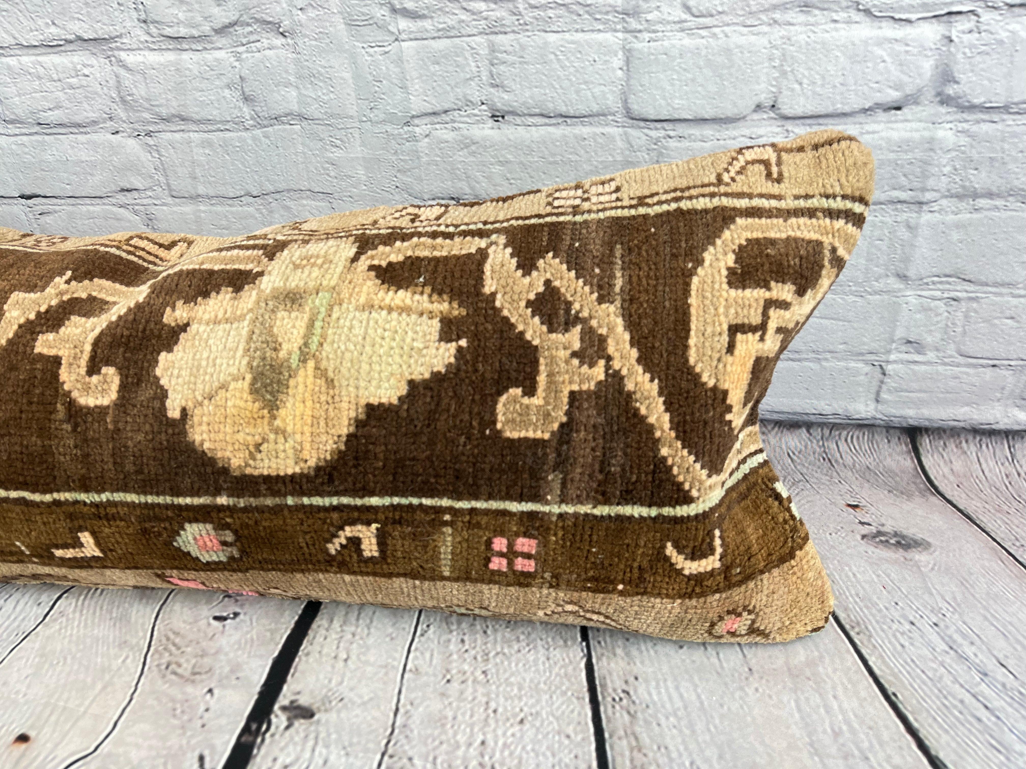 Hand-Knotted 14 x 35 Lumbar Rug Pillow Tranquil Refuge Turkish Pillow Cushion Cover #7809 For Sale