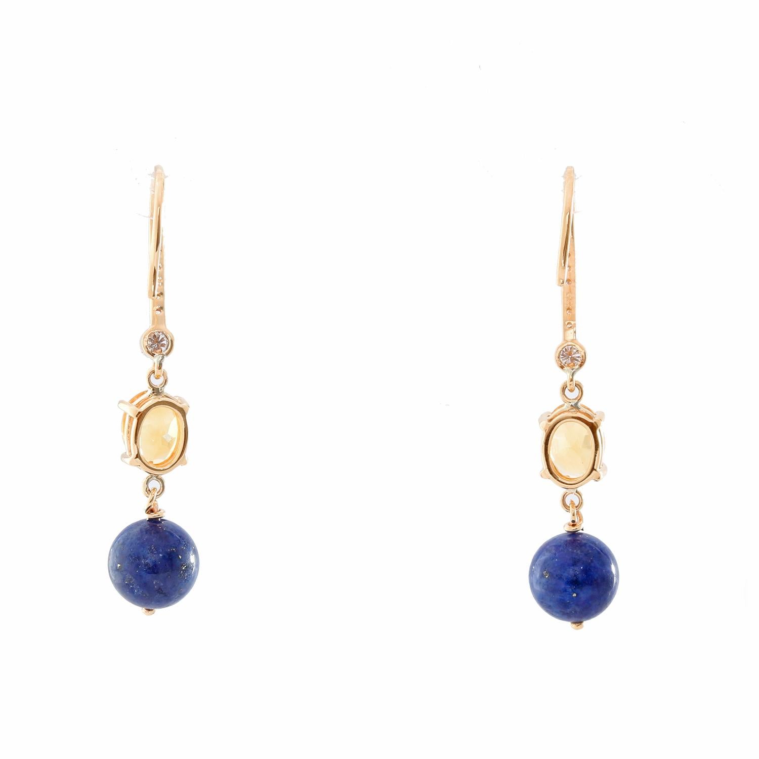 14 Yellow Gold Citrine and Blue Lapiz Diamond Dangle Earrings  - Oval cut Citrine with a a Lapis Lazuli ball. Set in 14K yellow gold with 6 diamond. Total weight 5.3. Total drop 1.5 inch. Great for everyday wear! .