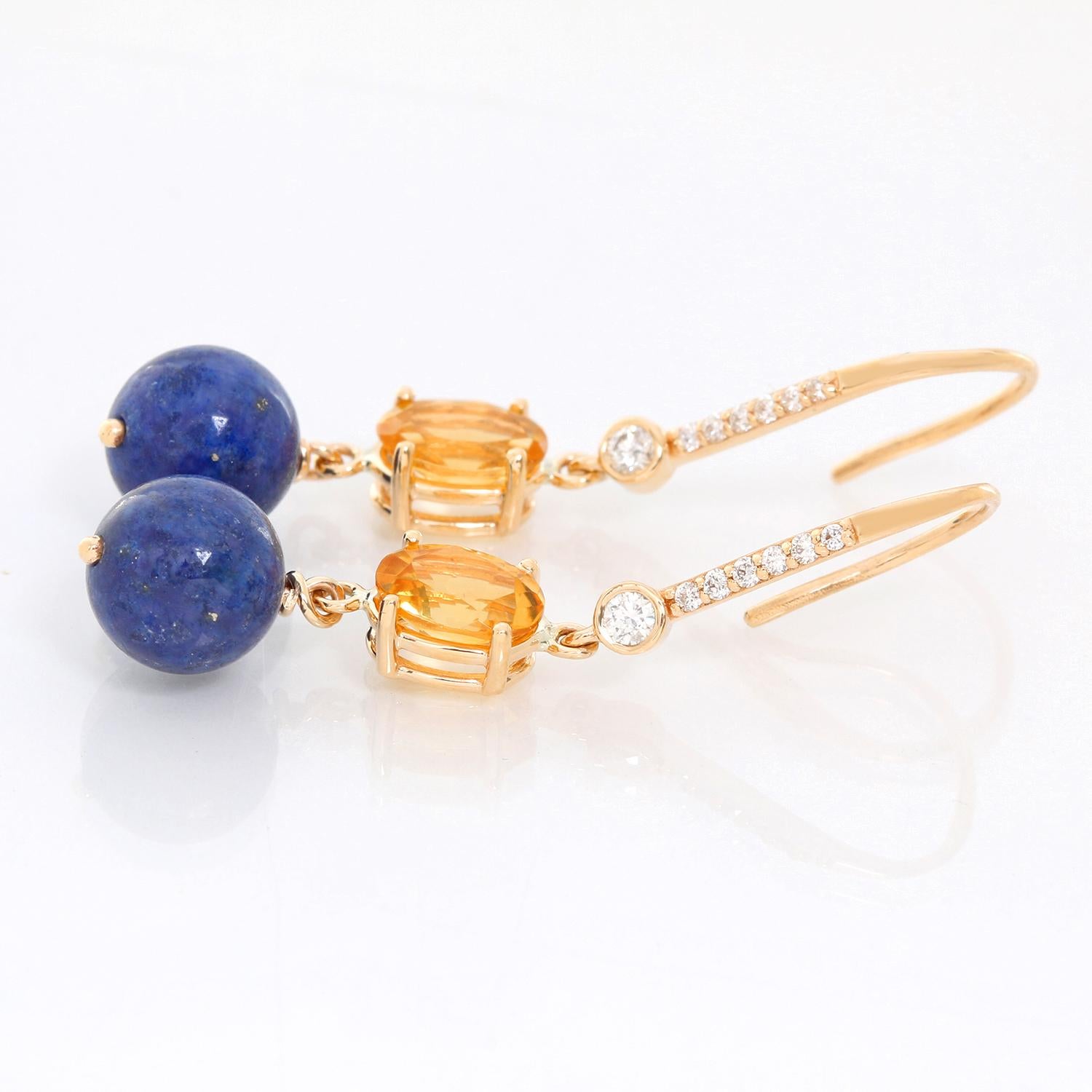14 Yellow Gold Citrine and Blue Lapiz Diamond Dangle Earrings In New Condition In Dallas, TX