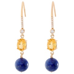 14 Yellow Gold Citrine and Blue Lapiz Diamond Dangle Earrings