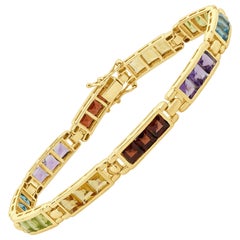 14 maillons arc-en-ciel en or jaune, grenat, améthyste, topaze bleue, péridot et citrine