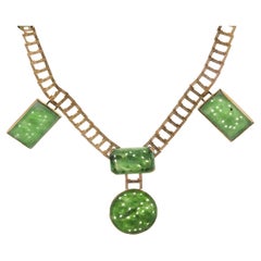 14 Yellow Gold Vintage Carved Jade and Enamel Motif Necklace
