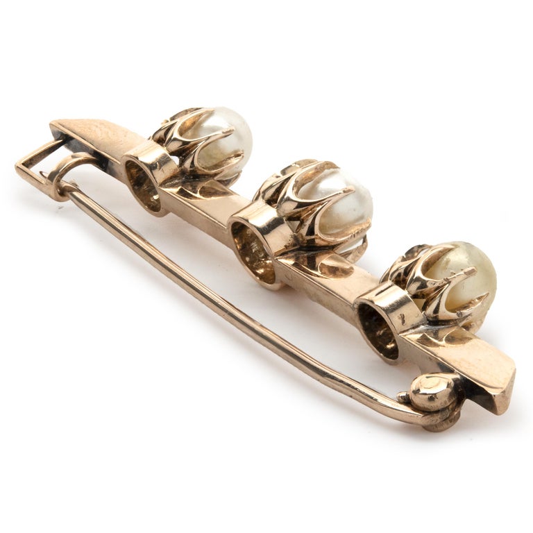 14K Yellow Gold Vintage Pearl Bar Pin For Sale at 1stDibs