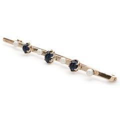 14K Yellow Gold Vintage Sapphire and Pearl Bar Pin