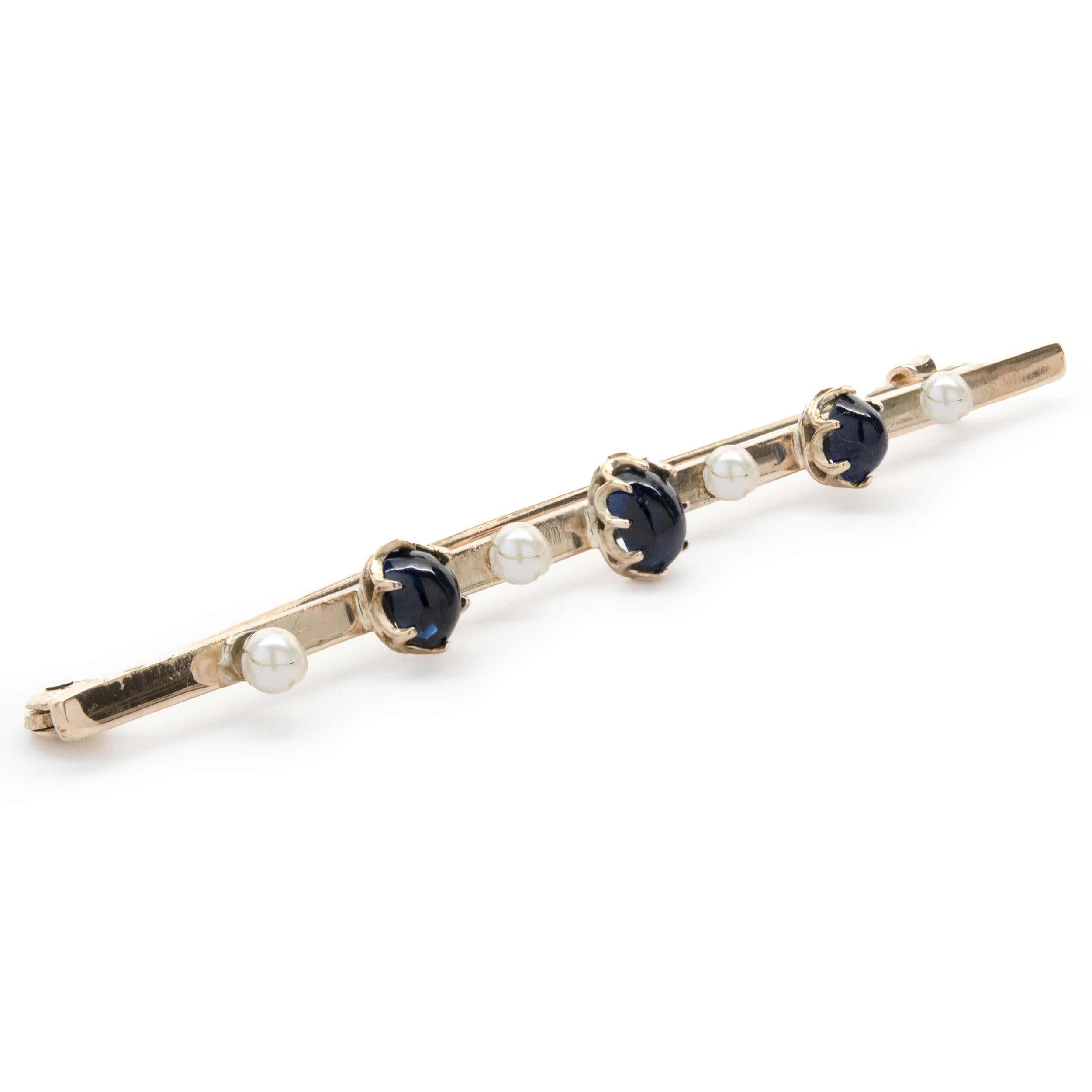 Mixed Cut 14K Yellow Gold Vintage Sapphire and Pearl Bar Pin For Sale