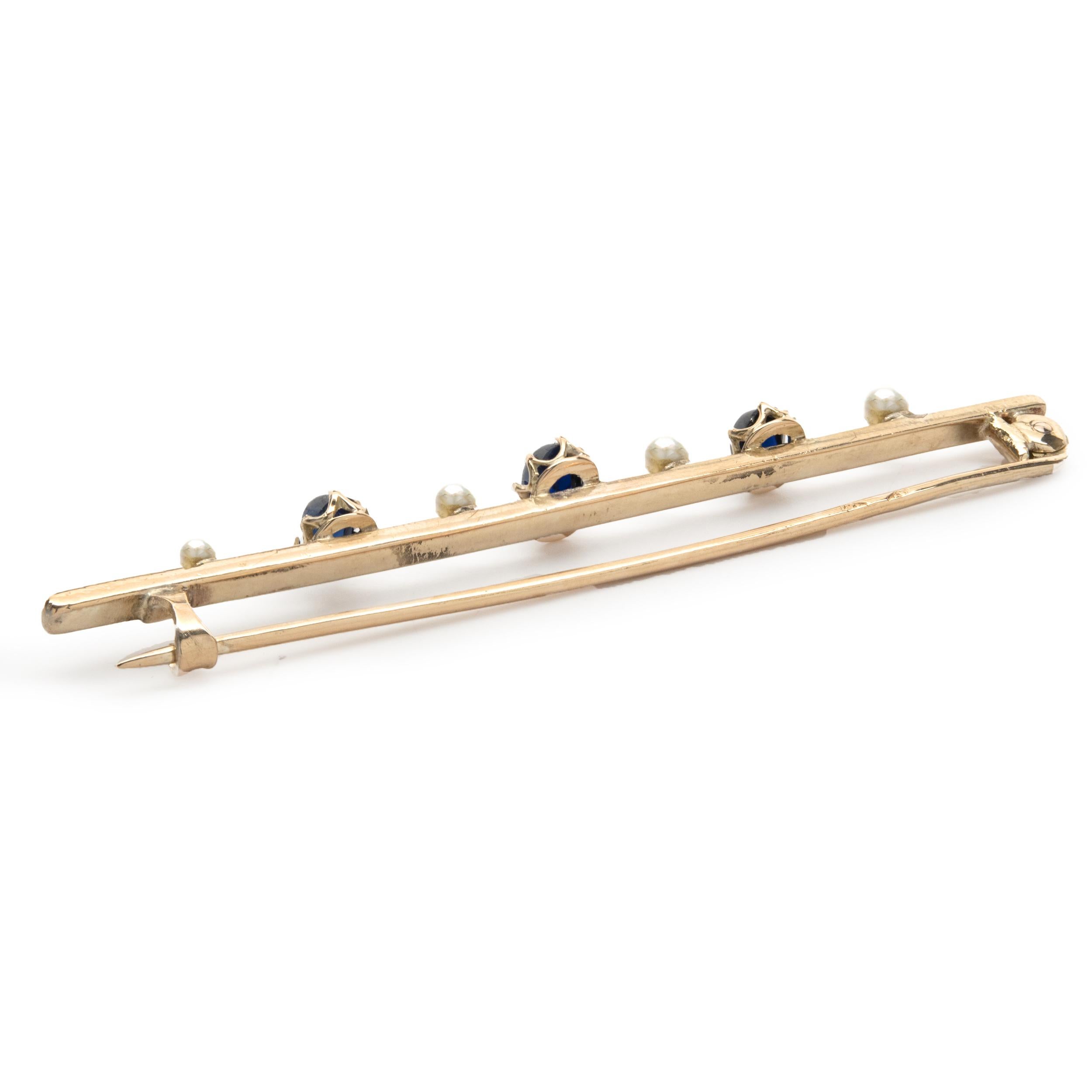 14K Yellow Gold Vintage Sapphire and Pearl Bar Pin In Good Condition For Sale In Scottsdale, AZ