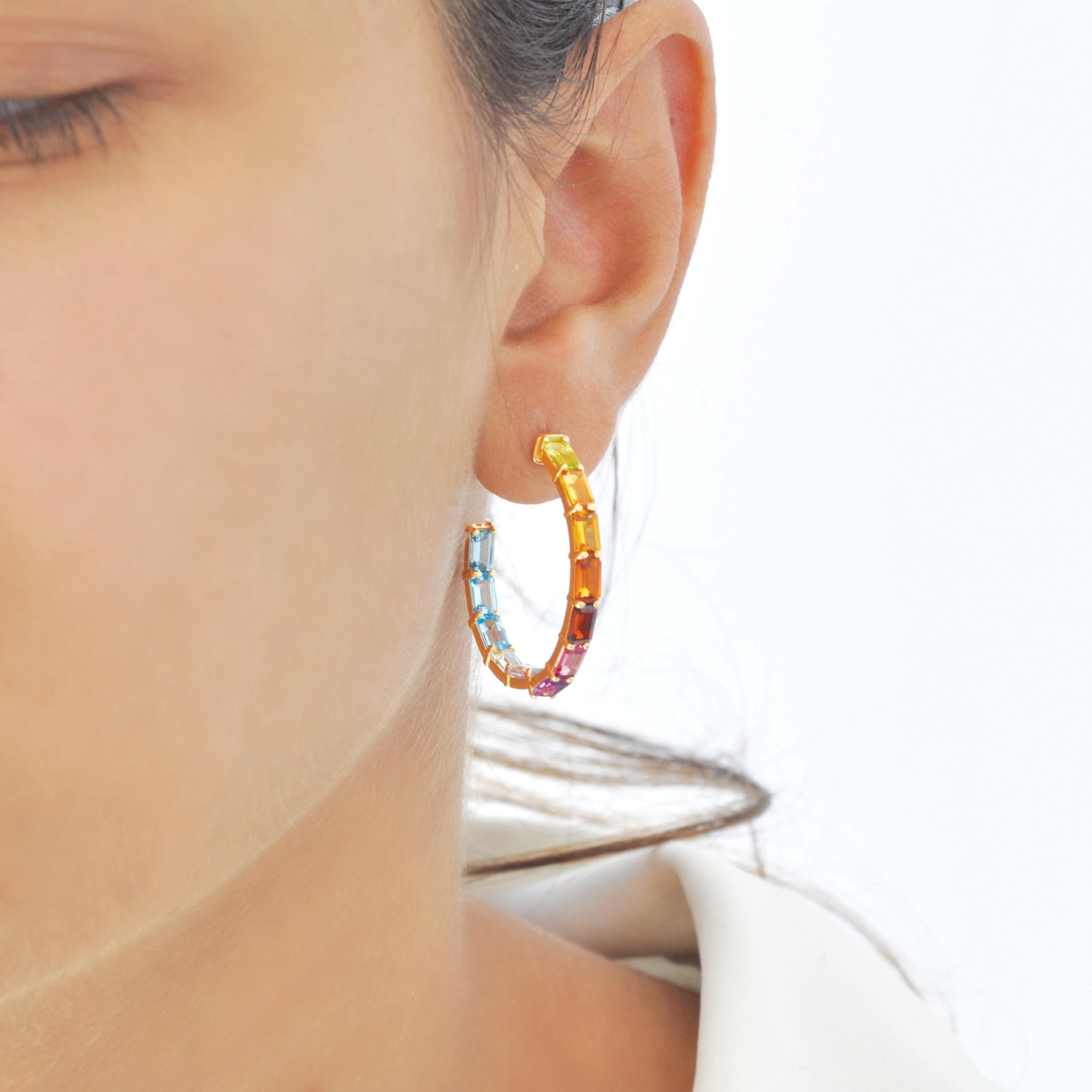14 Yellow Karat Gold 5x3MM Octagon Rainbow Gemstones Prong-Set Hoop Earrings For Sale 3