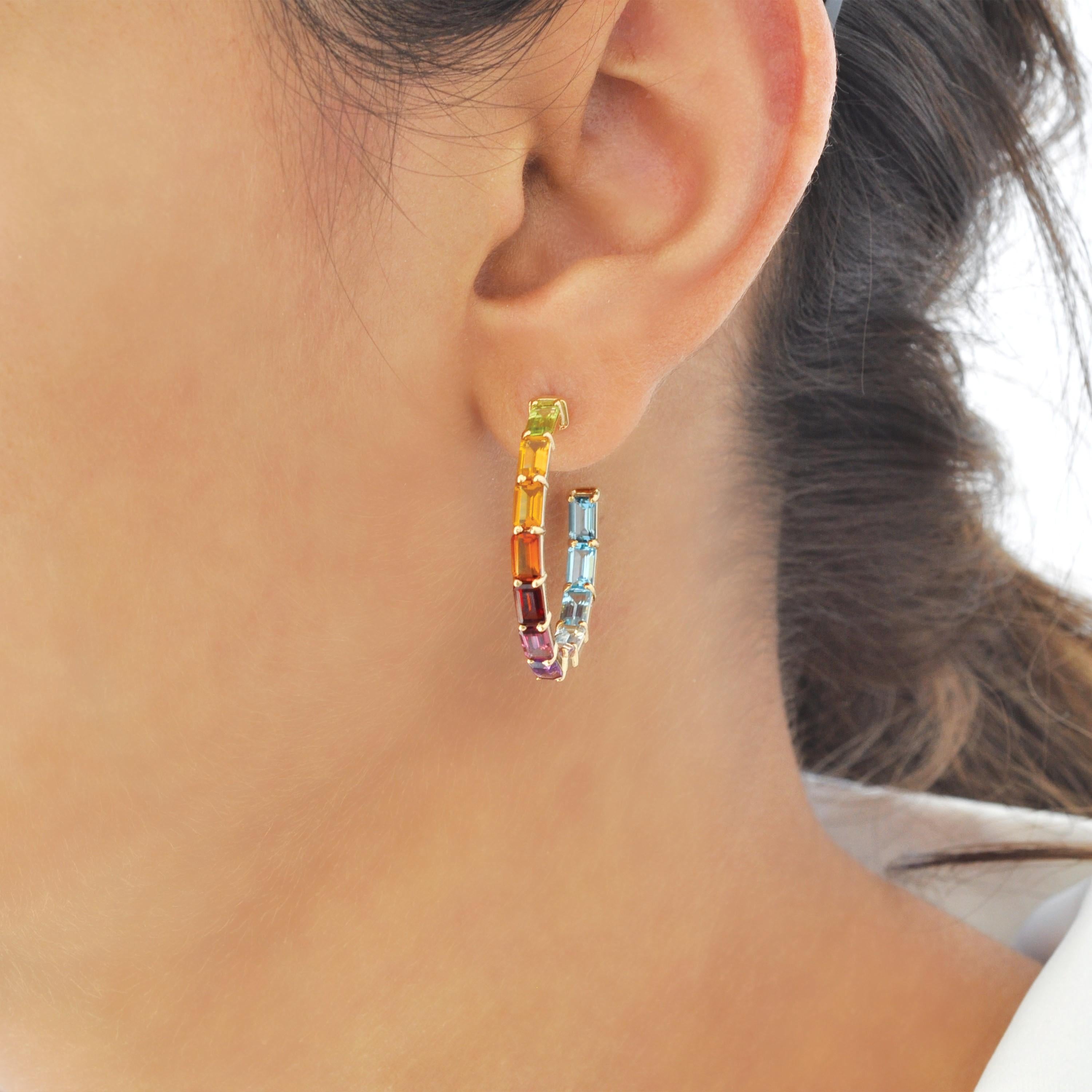 14 karat gold 5x3mm octagon rainbow gemstones prong-set hoop earrings.

Step into a world of vibrant charm with the Multi Rainbow Hoops Earrings, celebrating the kaleidoscope of colors found in nature. These exquisite earrings blend contemporary