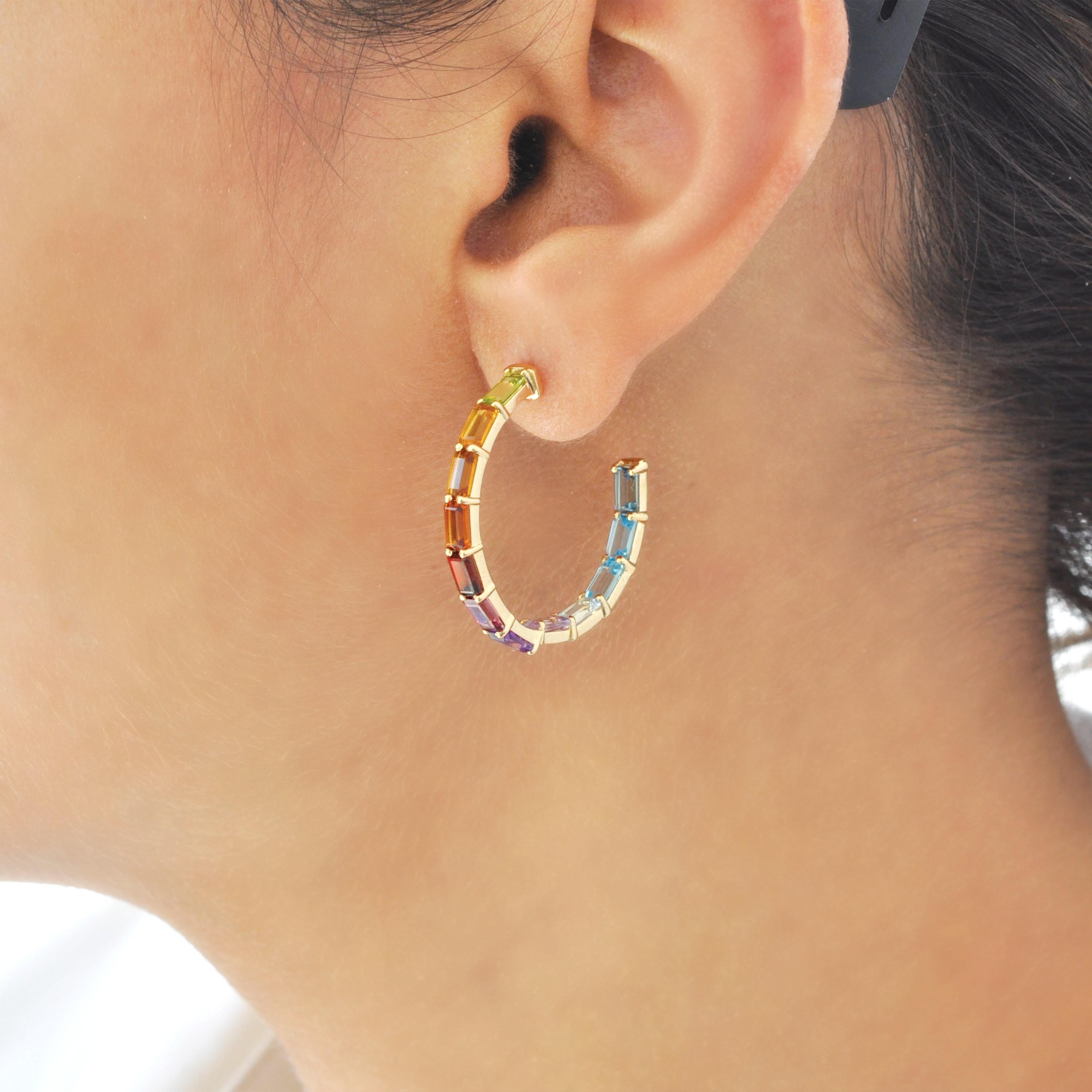 Contemporary 14 Yellow Karat Gold 5x3MM Octagon Rainbow Gemstones Prong-Set Hoop Earrings For Sale