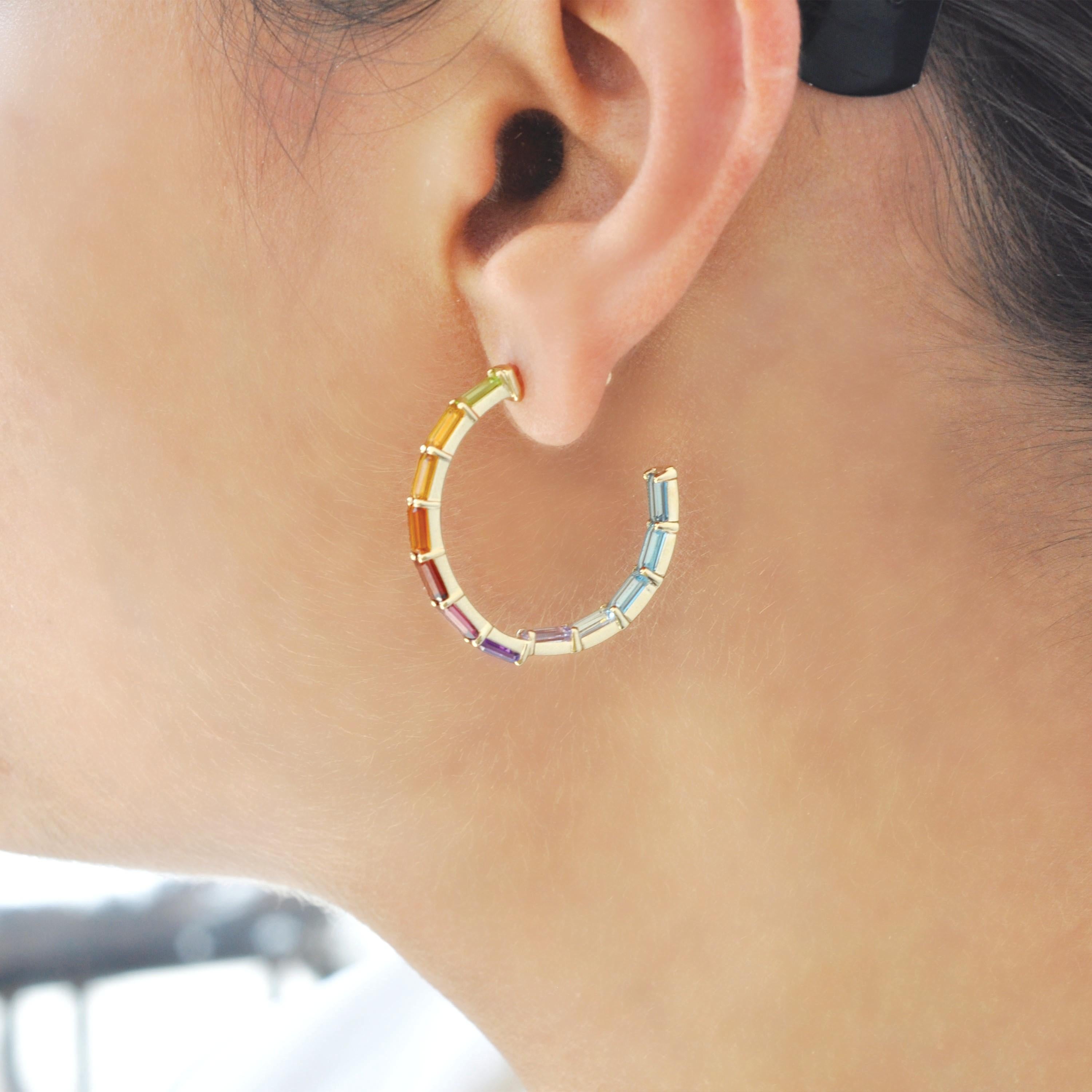 Octagon Cut 14 Yellow Karat Gold 5x3MM Octagon Rainbow Gemstones Prong-Set Hoop Earrings For Sale