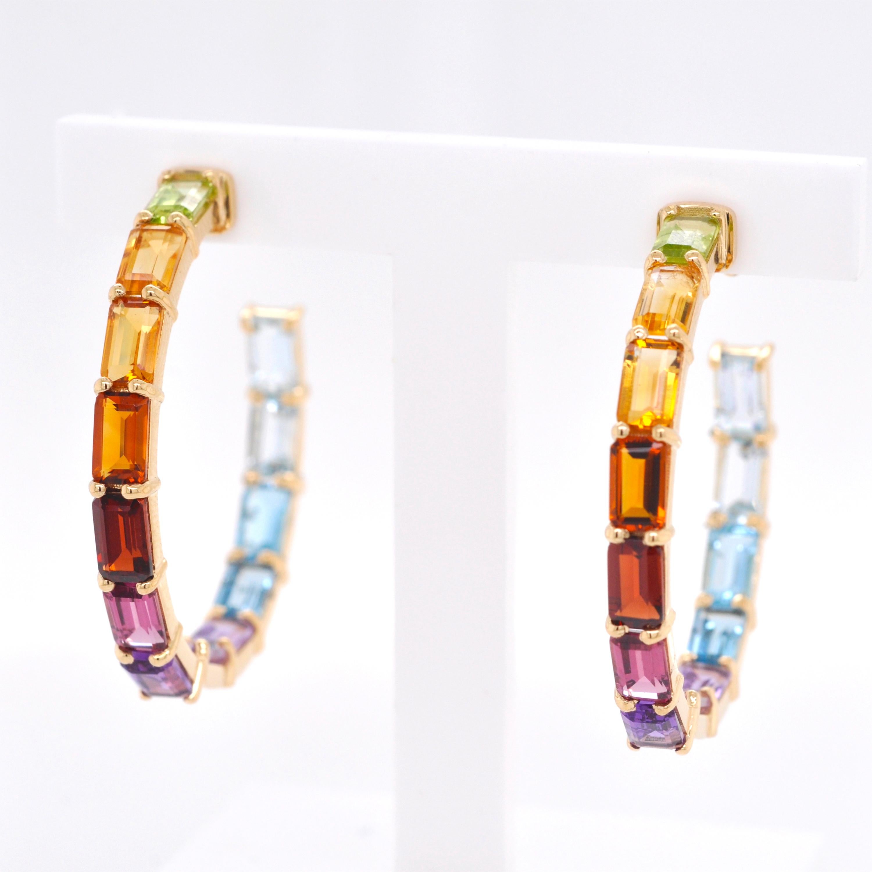 Women's 14 Yellow Karat Gold 5x3MM Octagon Rainbow Gemstones Prong-Set Hoop Earrings For Sale