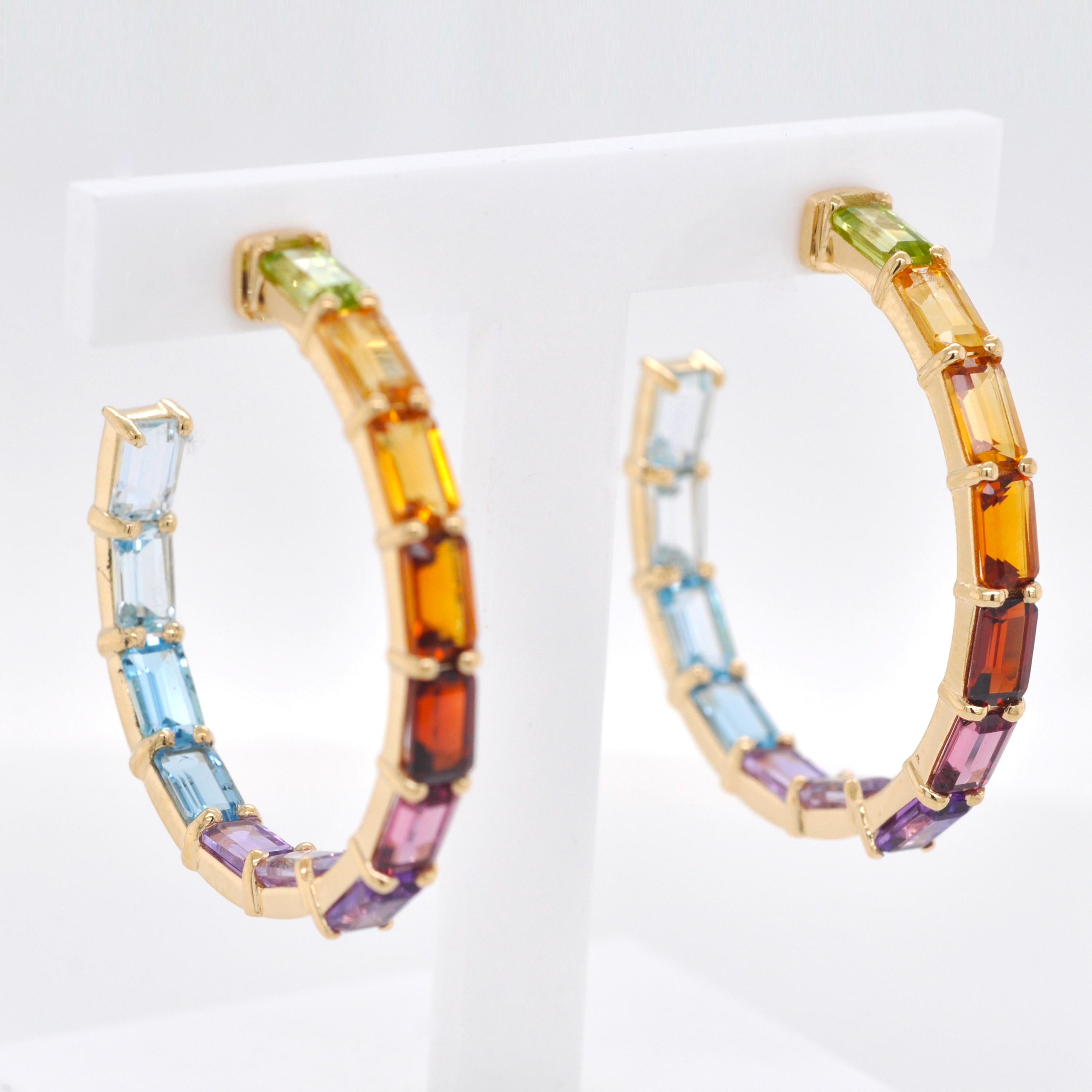 14 Yellow Karat Gold 5x3MM Octagon Rainbow Gemstones Prong-Set Hoop Earrings For Sale 1