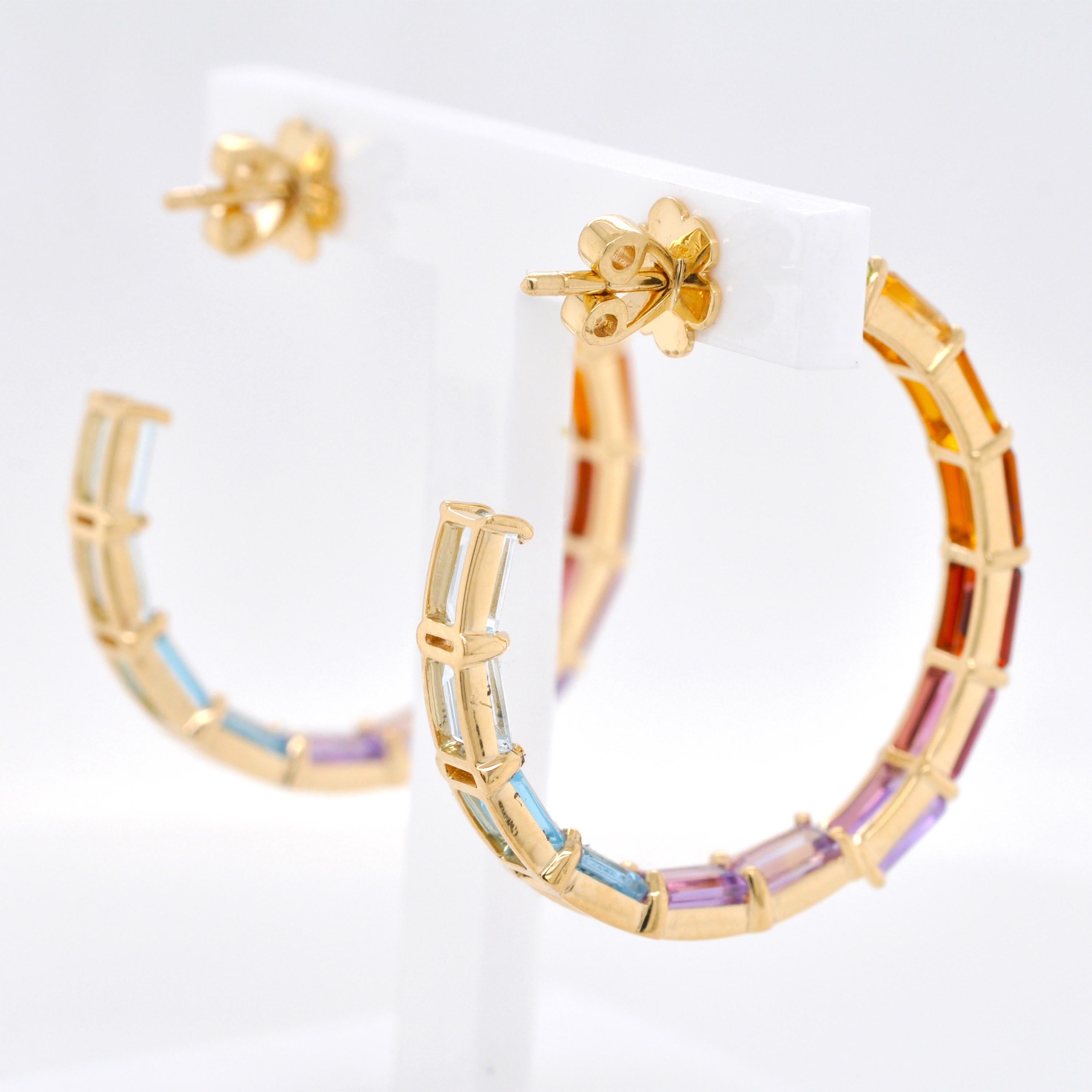 14 Yellow Karat Gold 5x3MM Octagon Rainbow Gemstones Prong-Set Hoop Earrings For Sale 2