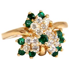 1.40 Carat 14 Karat Natural Green Emeralds Diamond Ring Cluster Classic Cocktail