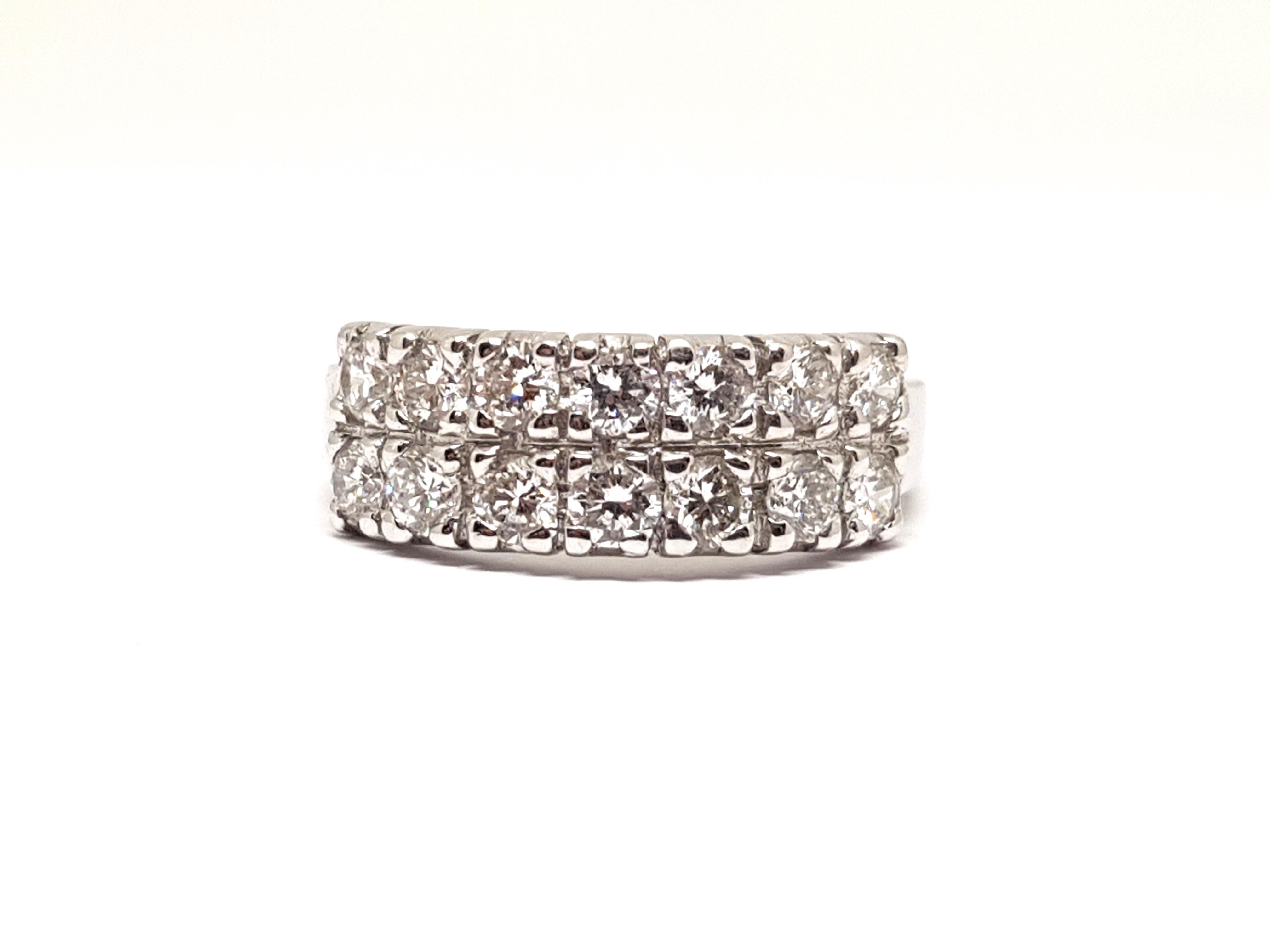 Gold: 18 carat white gold 
Weight: 6.20 gr. 
Diamonds: 1.40 ct. colour: F clarity: VS
Width: 0.75 cm. 
Ring size: free adjustment of ring up to size 70 / 22.50mm 
Shipping: free worldwide insured shipping 
All our jewellery comes with a certificate