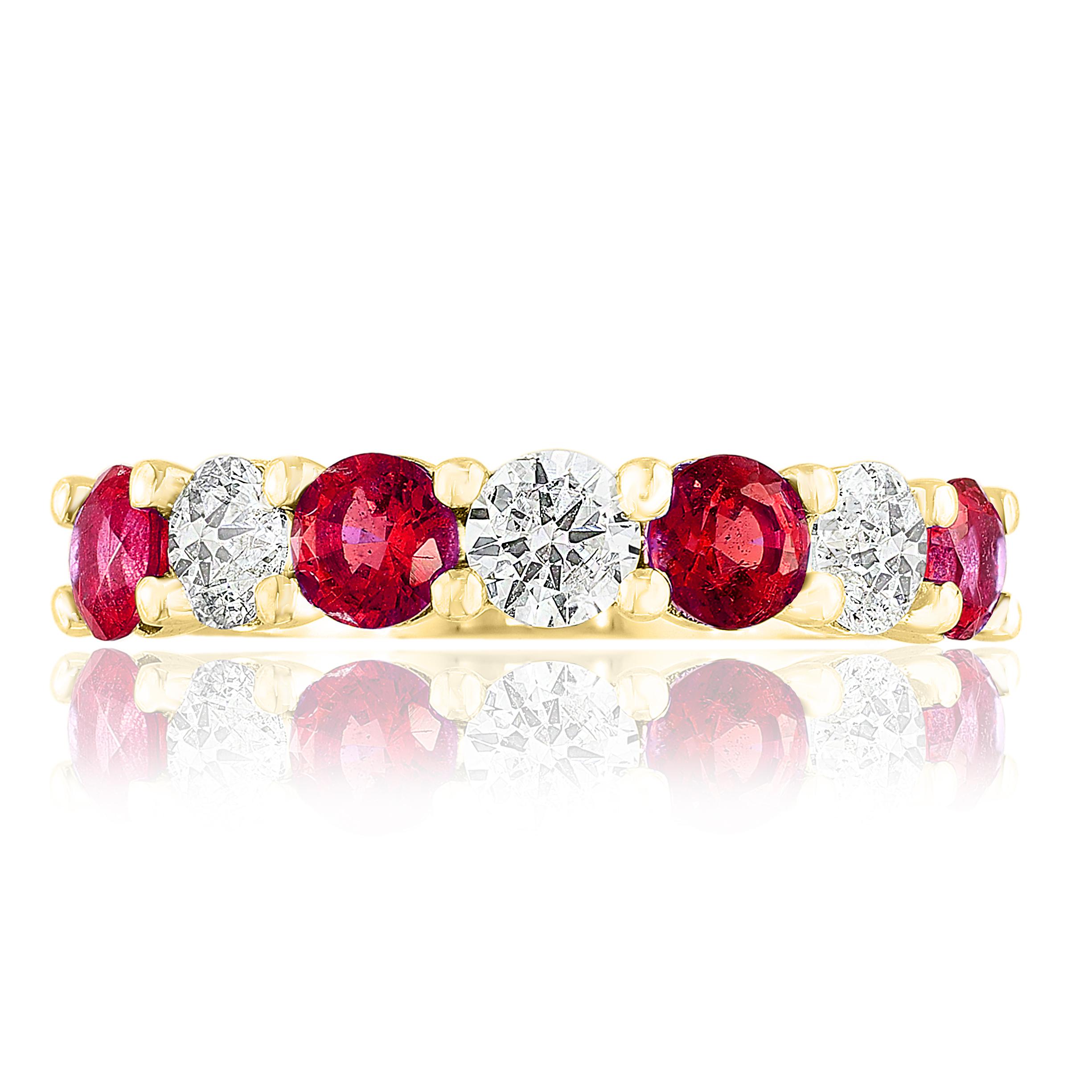 A fashionable and classic wedding band showcasing 4 color-rich red rubies weighing 1.40 carats total that alternate with 3 brilliant round diamonds weighing 0.73 carats total. Stones are secured with a shared prong setting made with 14 karats yellow
