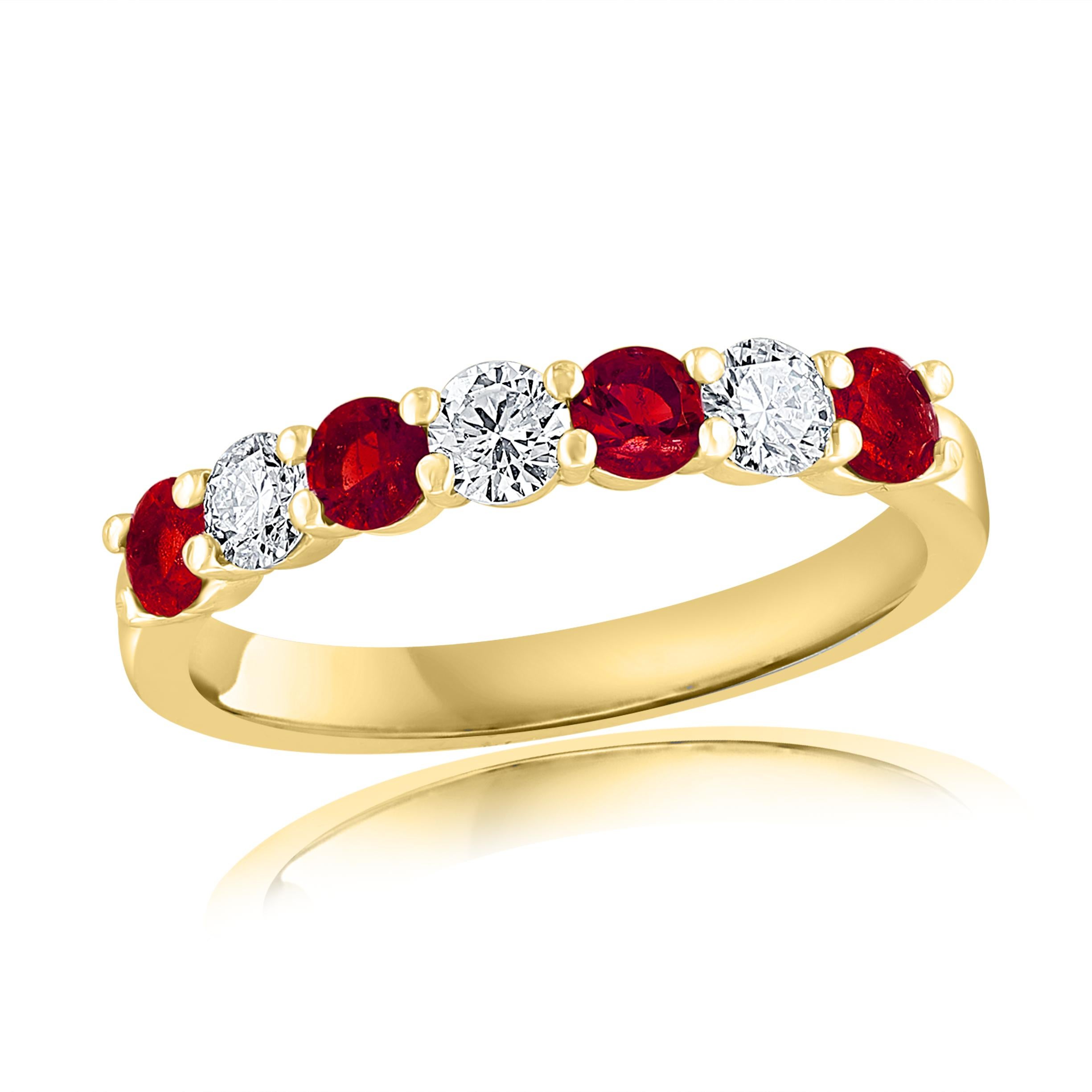 Brilliant Cut 1.40 Carat Alternating Ruby and Diamond Halfway Wedding Band 14K Yellow Gold For Sale