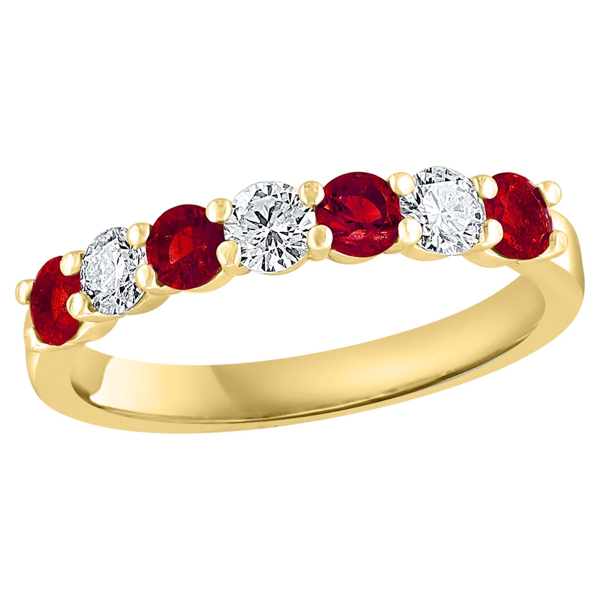 1.40 Carat Alternating Ruby and Diamond Halfway Wedding Band 14K Yellow Gold For Sale