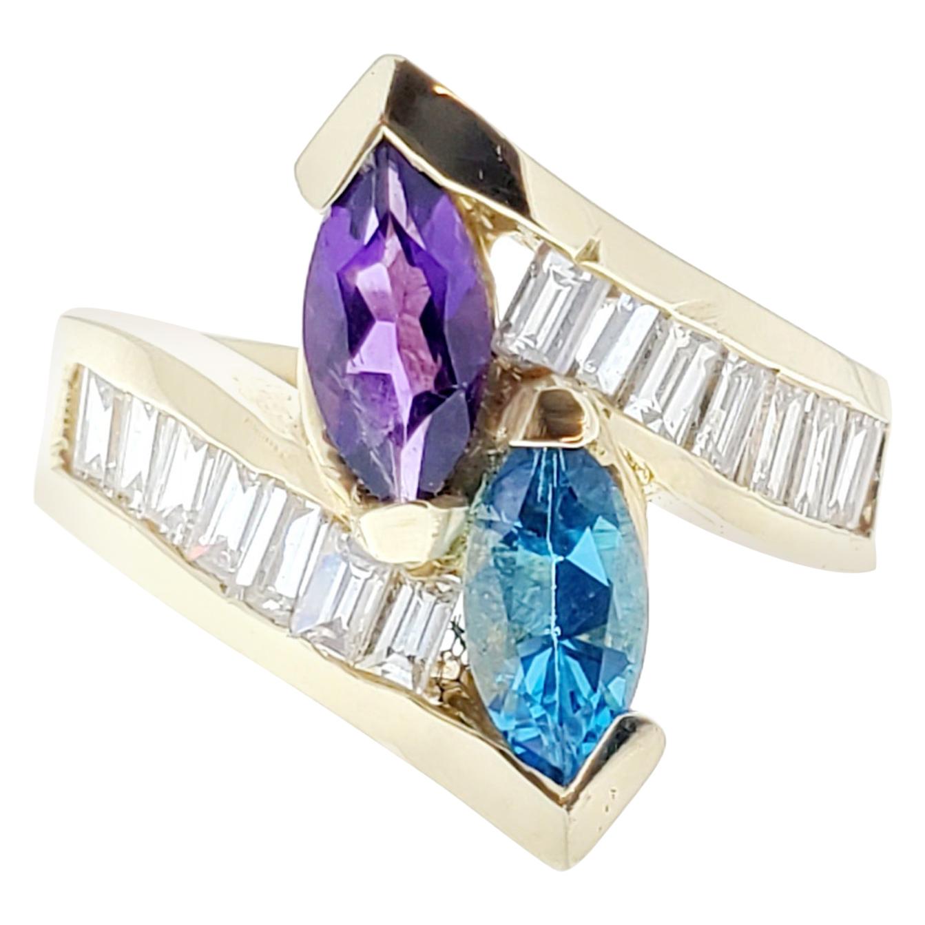 1.40 Carat Amethyst and Topaz and Diamond Cocktail Ring in 14 Karat Yellow Gold