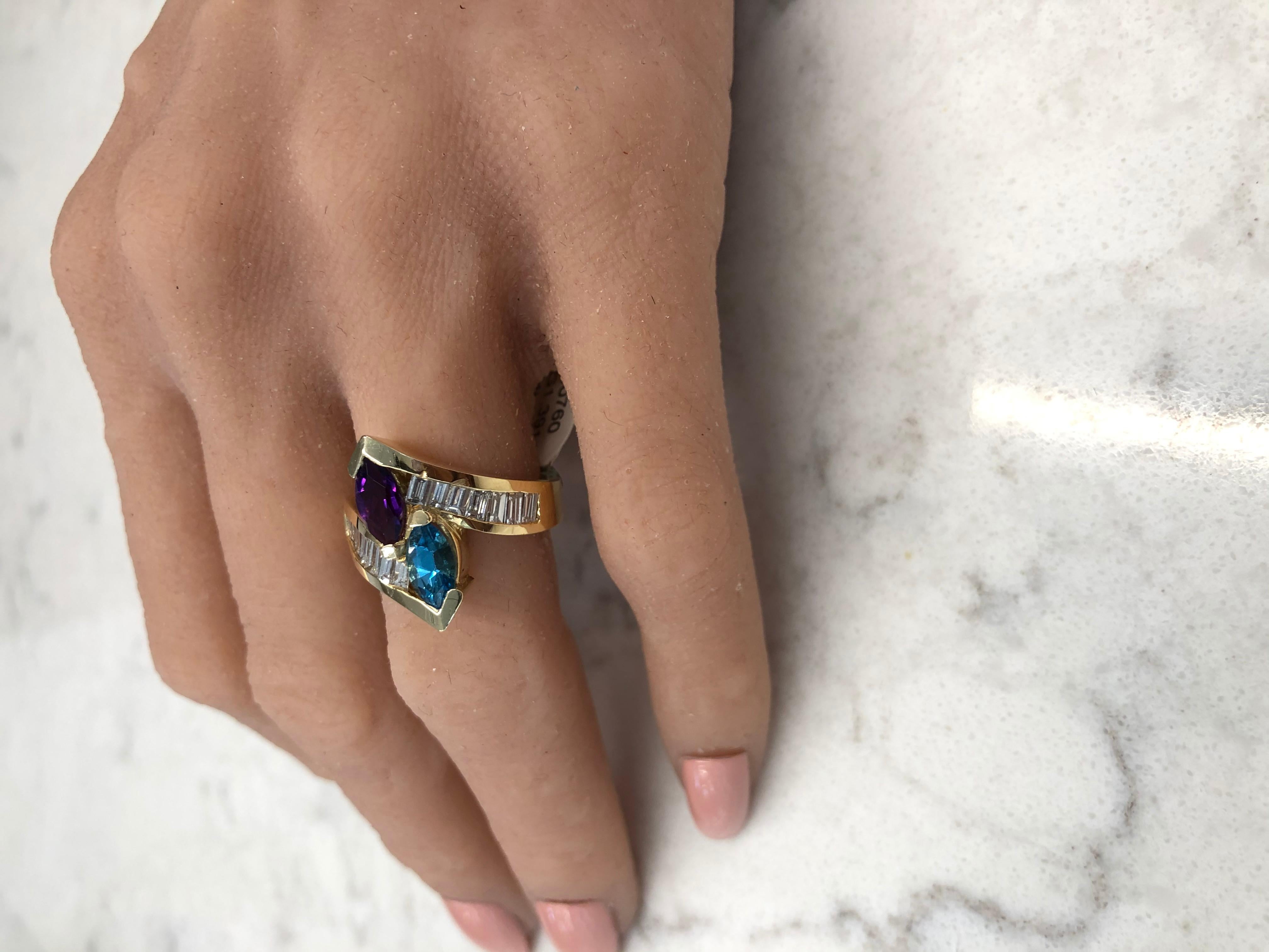 Contemporary 1.40 Carat Amethyst and Topaz and Diamond Cocktail Ring in 14 Karat Yellow Gold