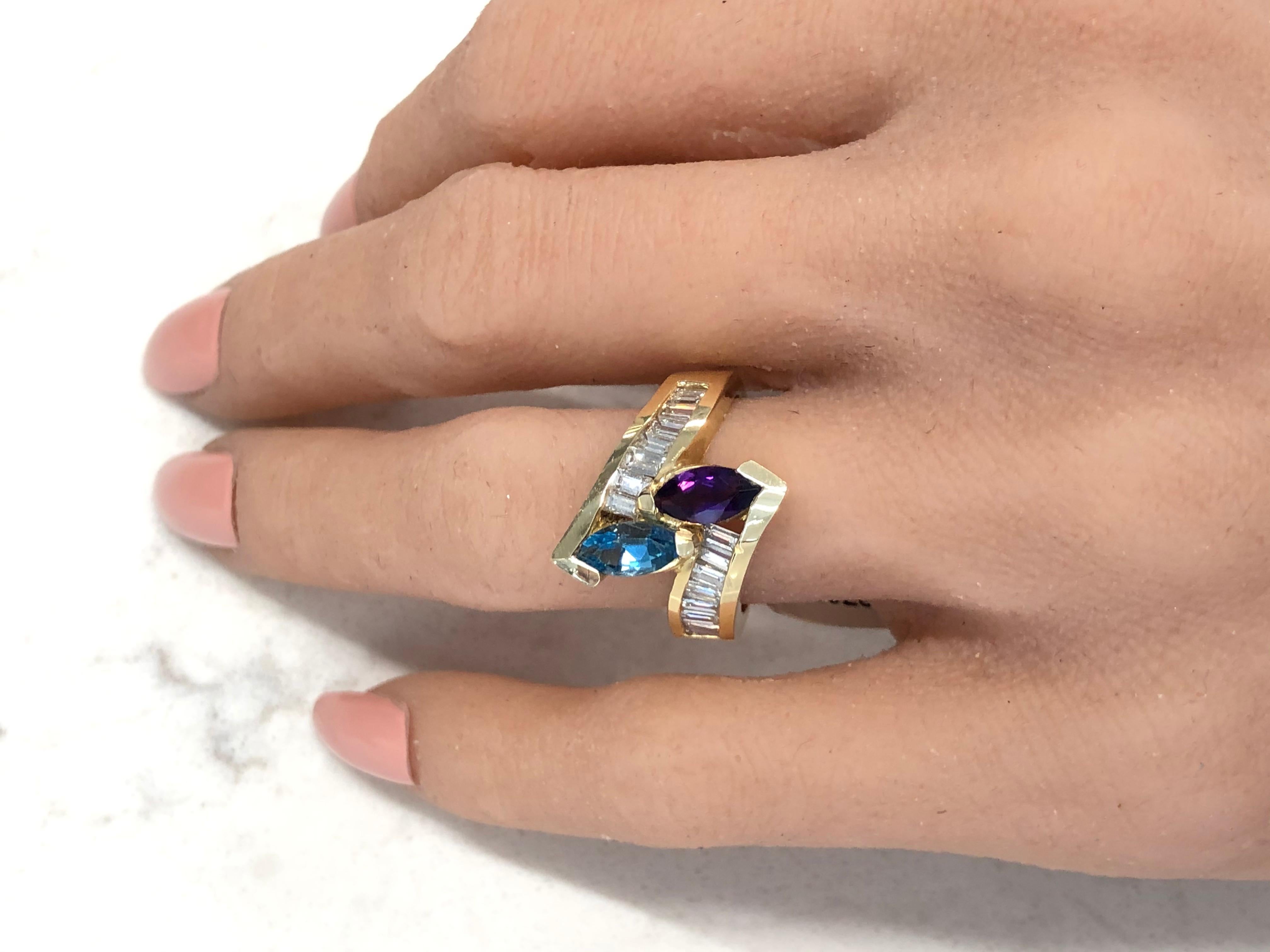 1.40 Carat Amethyst and Topaz and Diamond Cocktail Ring in 14 Karat Yellow Gold In New Condition In Chicago, IL