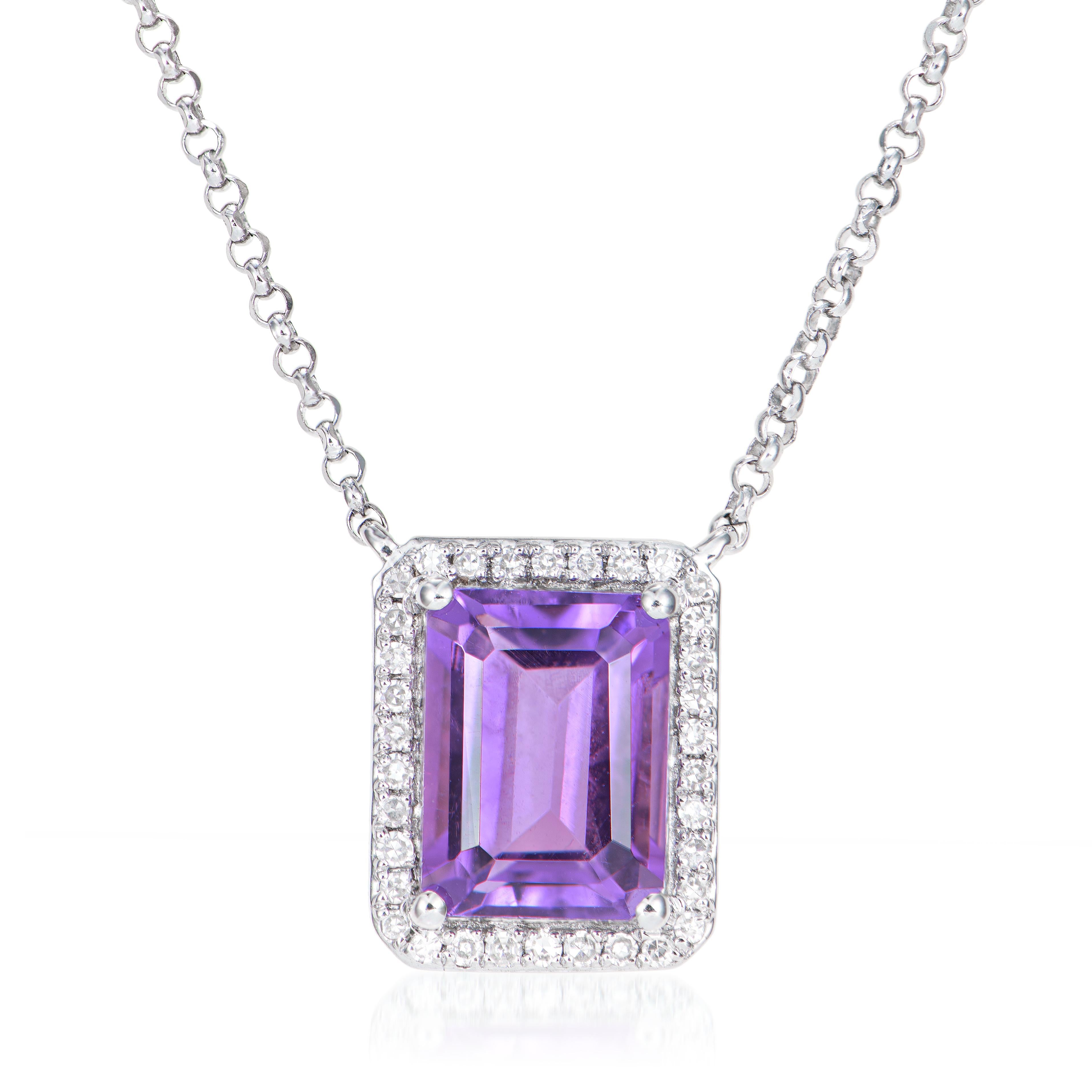 Octagon Cut 1.40 Carat Amethyst Pendant in 18Karat White Gold with White Diamond. For Sale