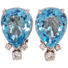 14.0 Carat Aquamarine and Diamond Gold Clip Back Earrings Fine Estate Jewelry