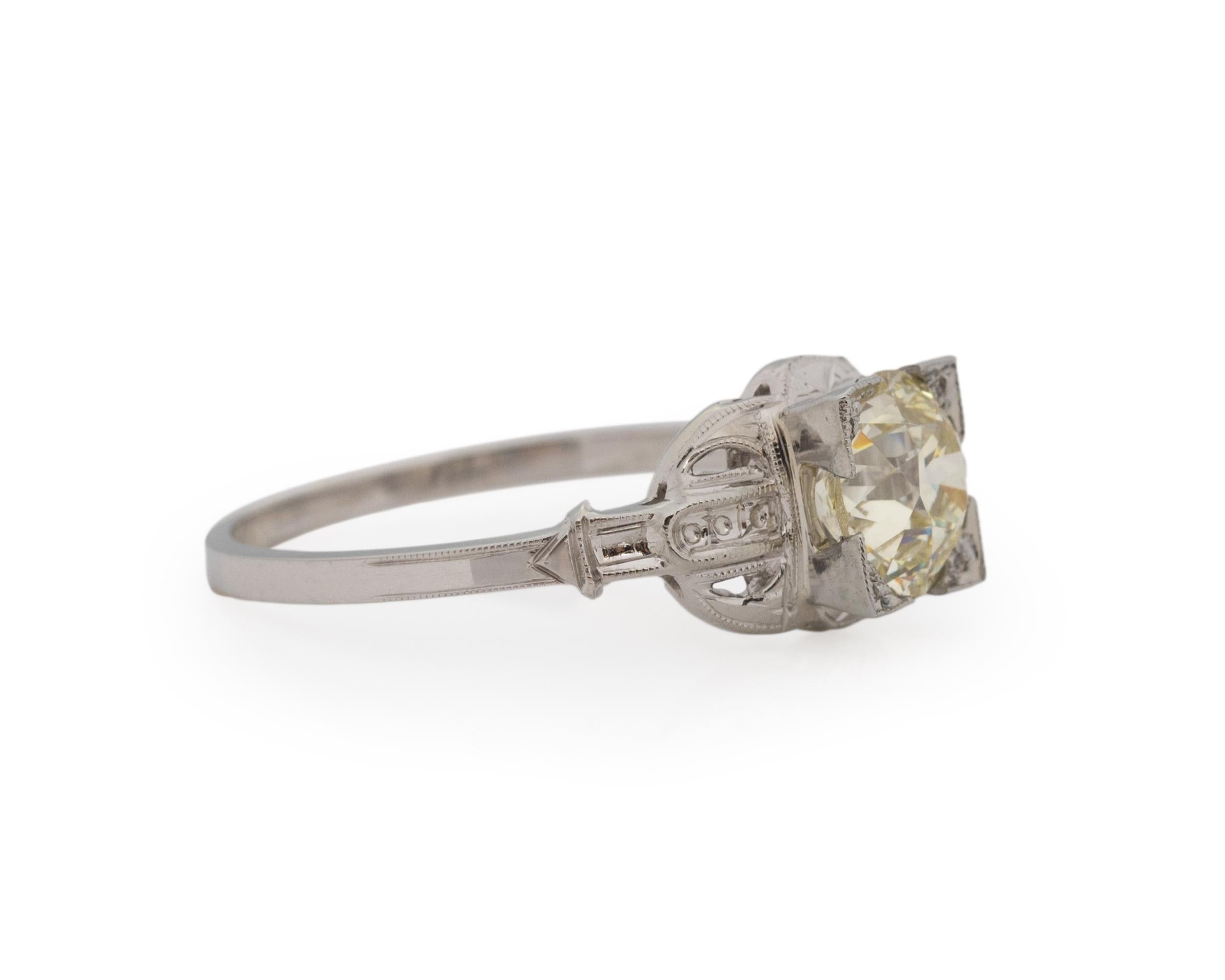 Ring Size: 7.75
Metal Type: 18k White Gold [Hallmarked, and Tested]
Weight: 2.5 grams

Center Diamond Details:
Weight: 1.40ct
Cut: Old European brilliant
Color: O/P (Light Yellow)
Clarity: VS1

Finger to Top of Stone Measurement: mm
Condition: