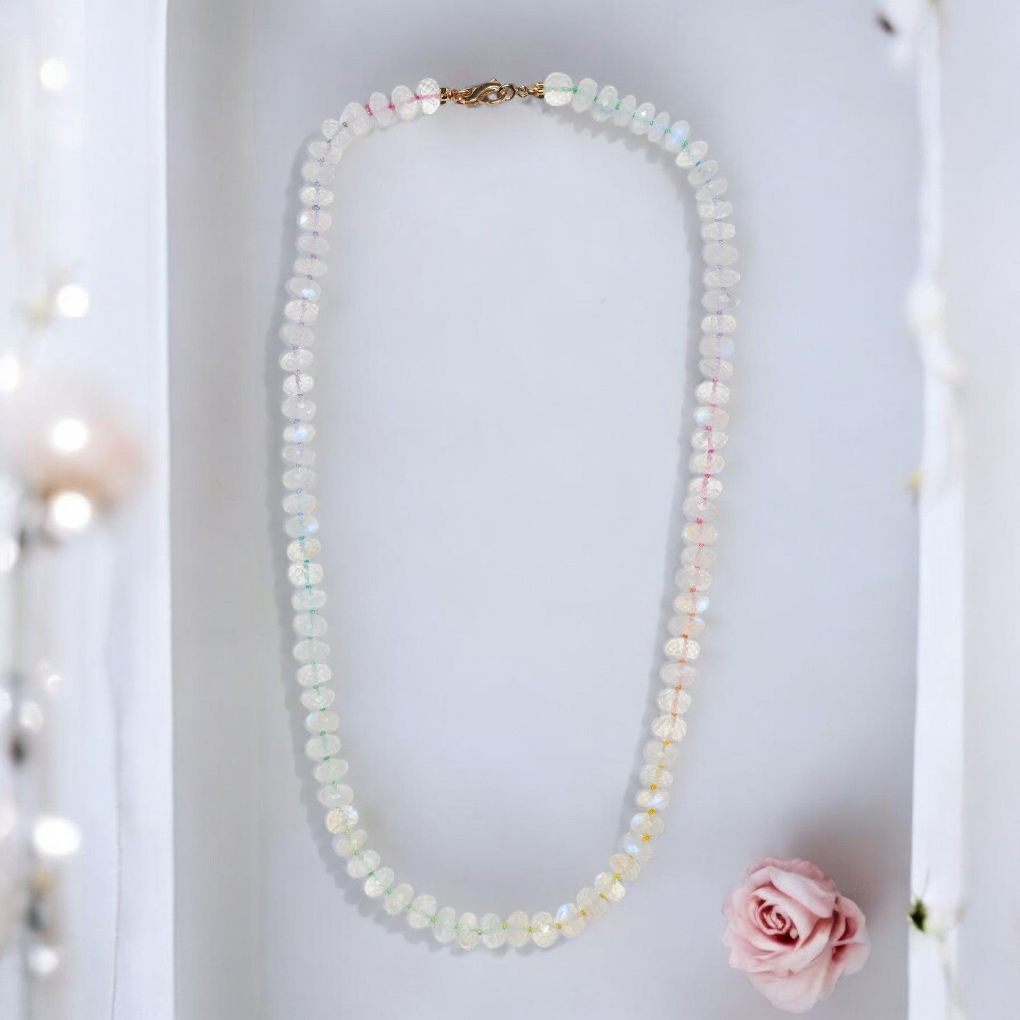Genuine Rainbow Moonstone Beaded Gold Necklace