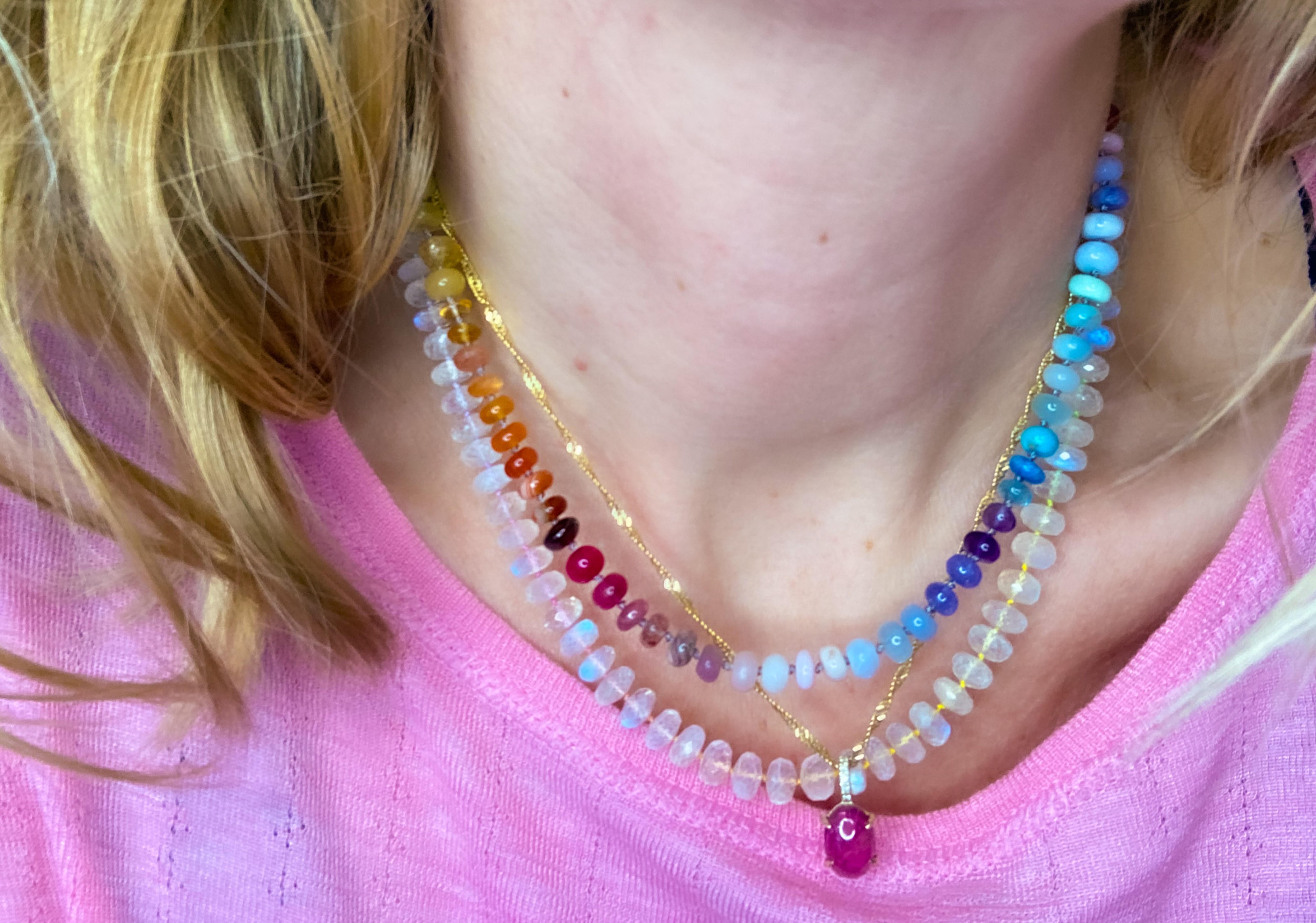 Modern Genuine Rainbow Moonstone Beaded Gold Necklace For Sale