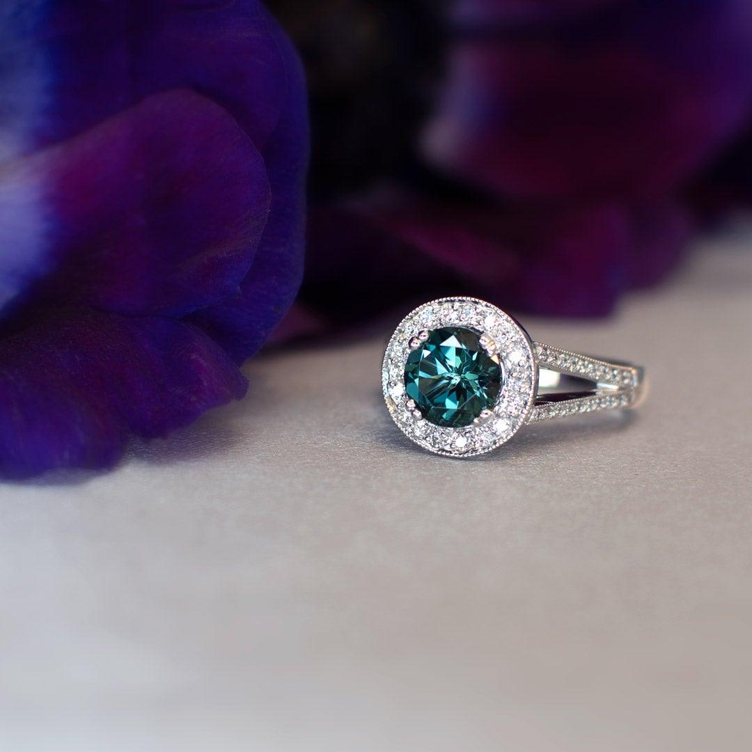 For Sale:  1.40 Carat Blue Tourmaline Round Diamond Cluster Ring Natalie Barney 2