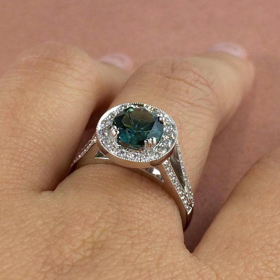 For Sale:  1.40 Carat Blue Tourmaline Round Diamond Cluster Ring Natalie Barney 5