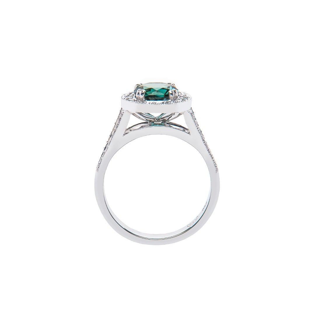 For Sale:  1.40 Carat Blue Tourmaline Round Diamond Cluster Ring Natalie Barney 6