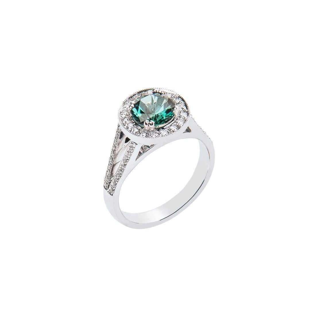For Sale:  1.40 Carat Blue Tourmaline Round Diamond Cluster Ring Natalie Barney 7